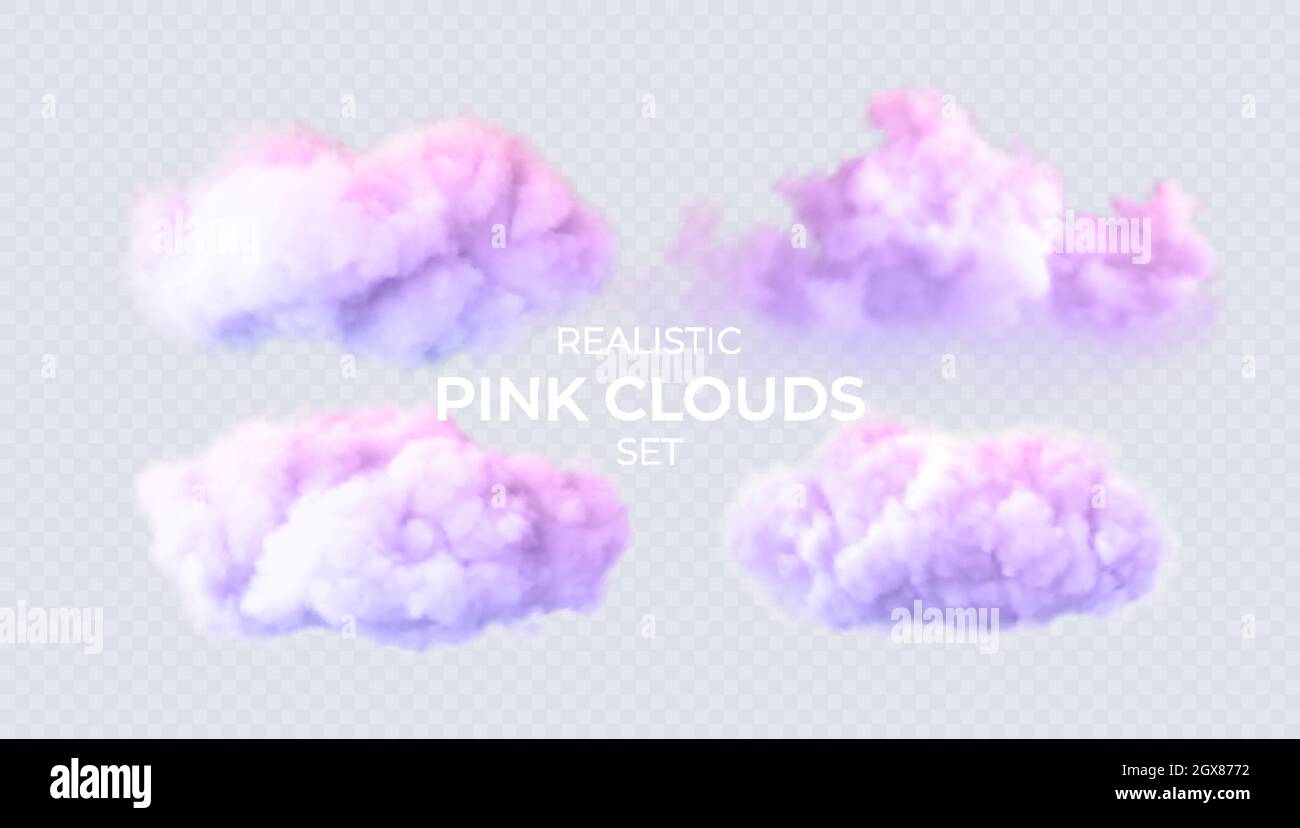 Pink, blue, purple clouds isolated on a transparent background. 3D realistic set of clouds. Real transparent effect. Vector illustration Stock Vector