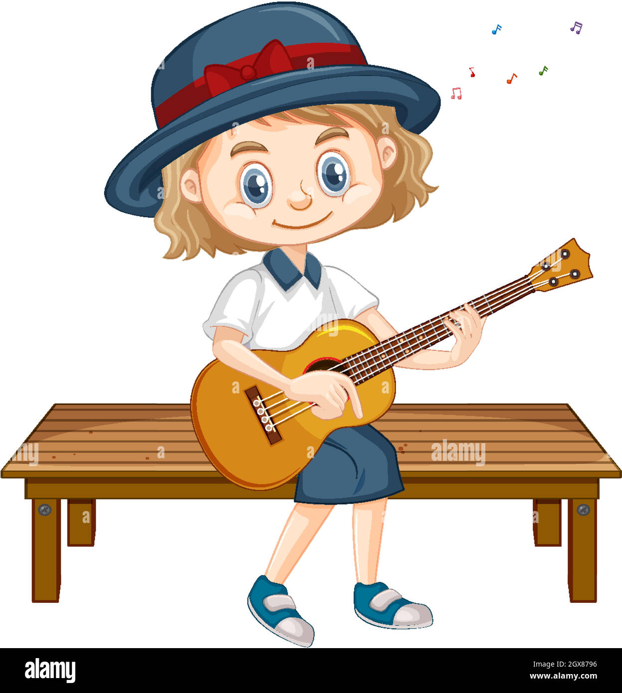 One happy girl playing guitar on seat Stock Vector