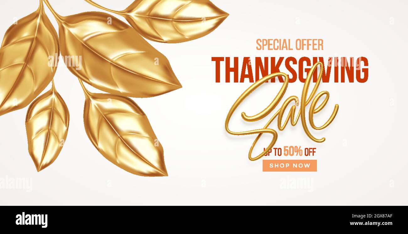 Thanksgiving or fall discount sale banner with falling gold leaves. Autumn sale backdrop with golden leaves. Vector illustration Stock Vector