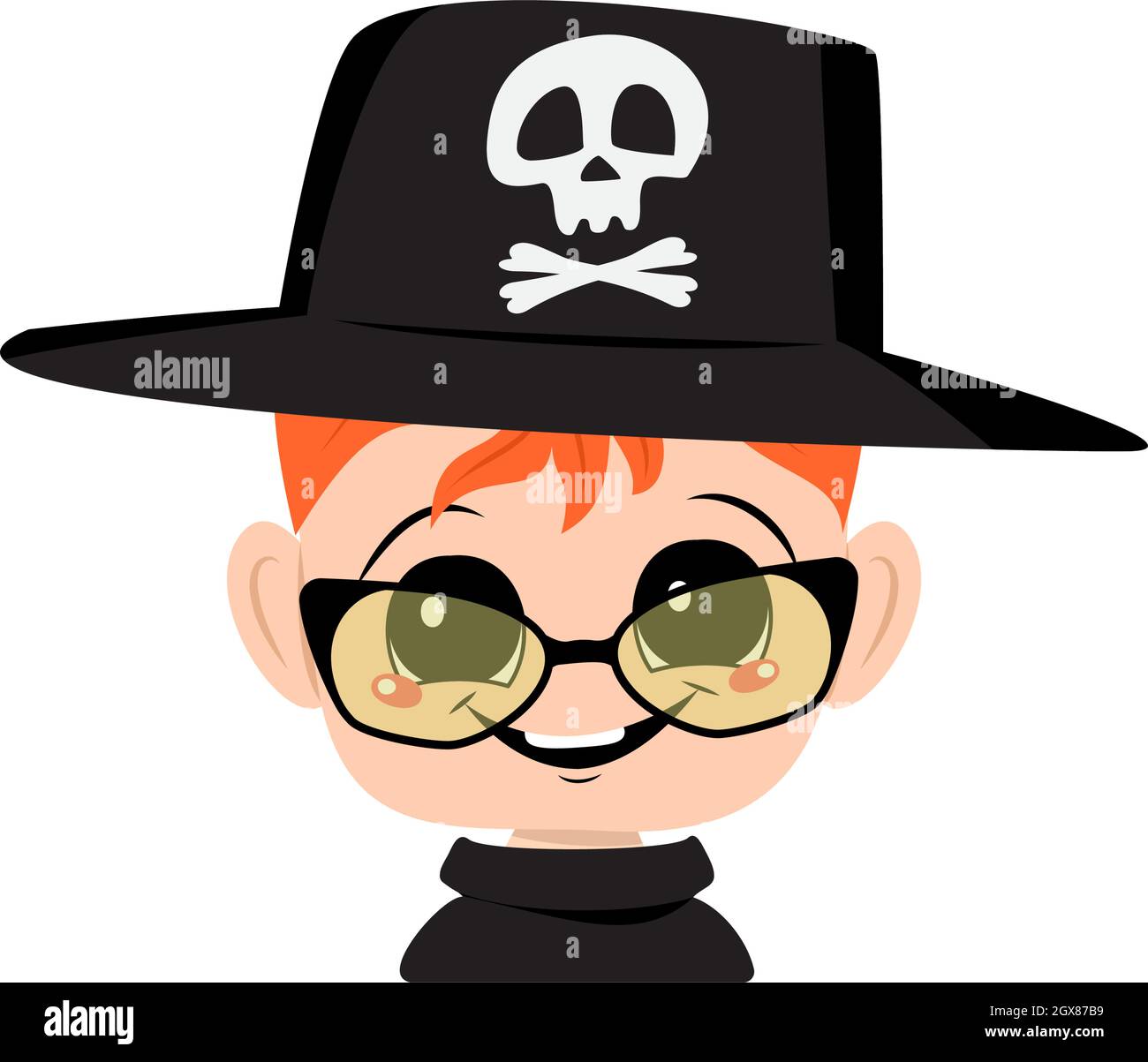 Avatar of boy with red hair, big eyes, glasses and wide happy smile in hat with skull. Head of child with joyful face in festive costume. Halloween pa Stock Vector