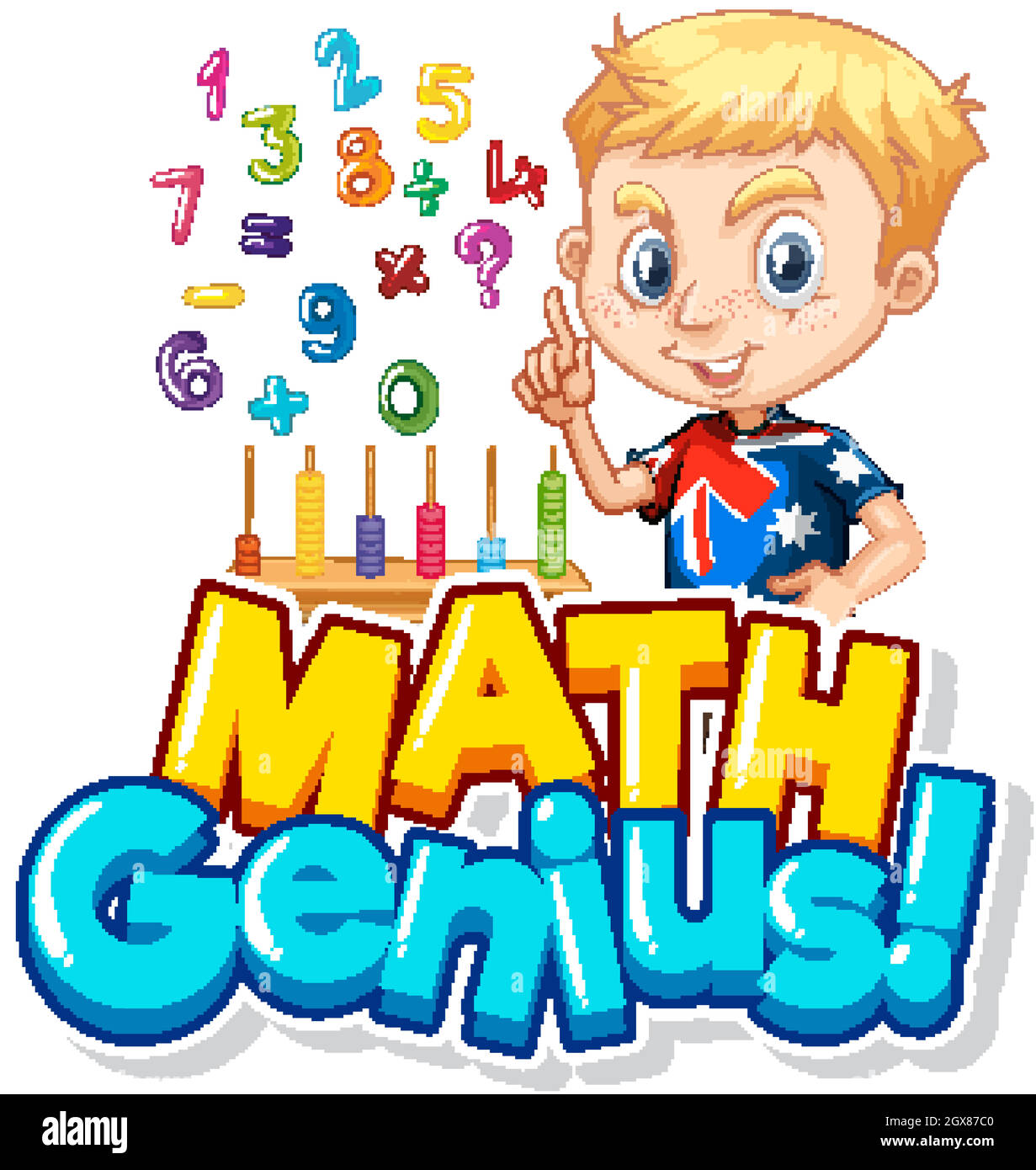 Font design for math genius with boy and numbers Stock Vector