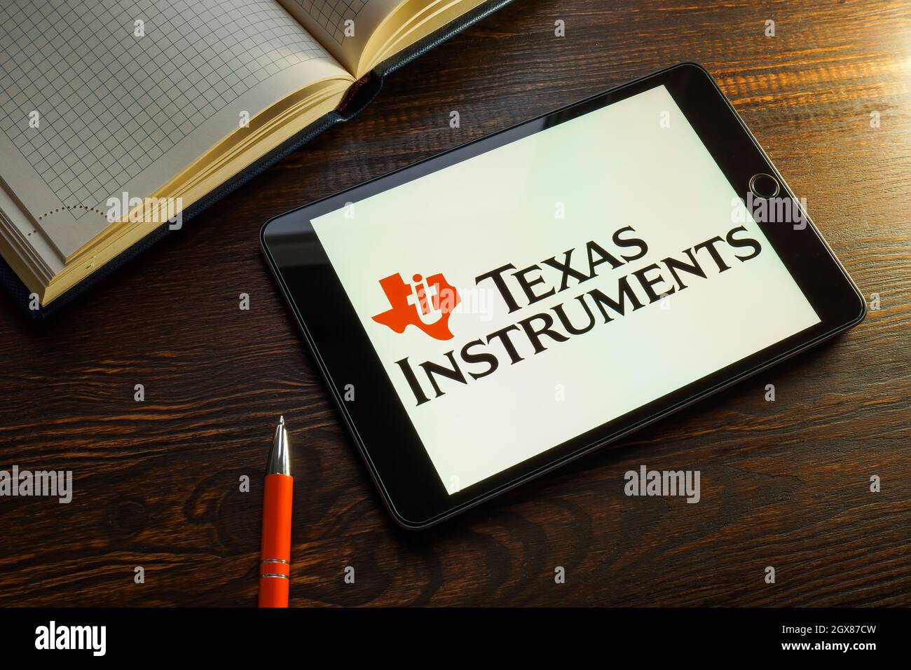 KYIV, UKRAINE - August 21, 2021. Texas instruments company logo on the screen. Stock Photo