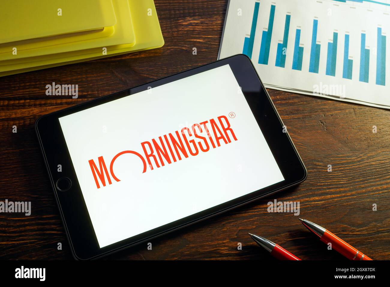 KYIV, UKRAINE - August 21, 2021. Morningstar logo and papers and notepads. Stock Photo