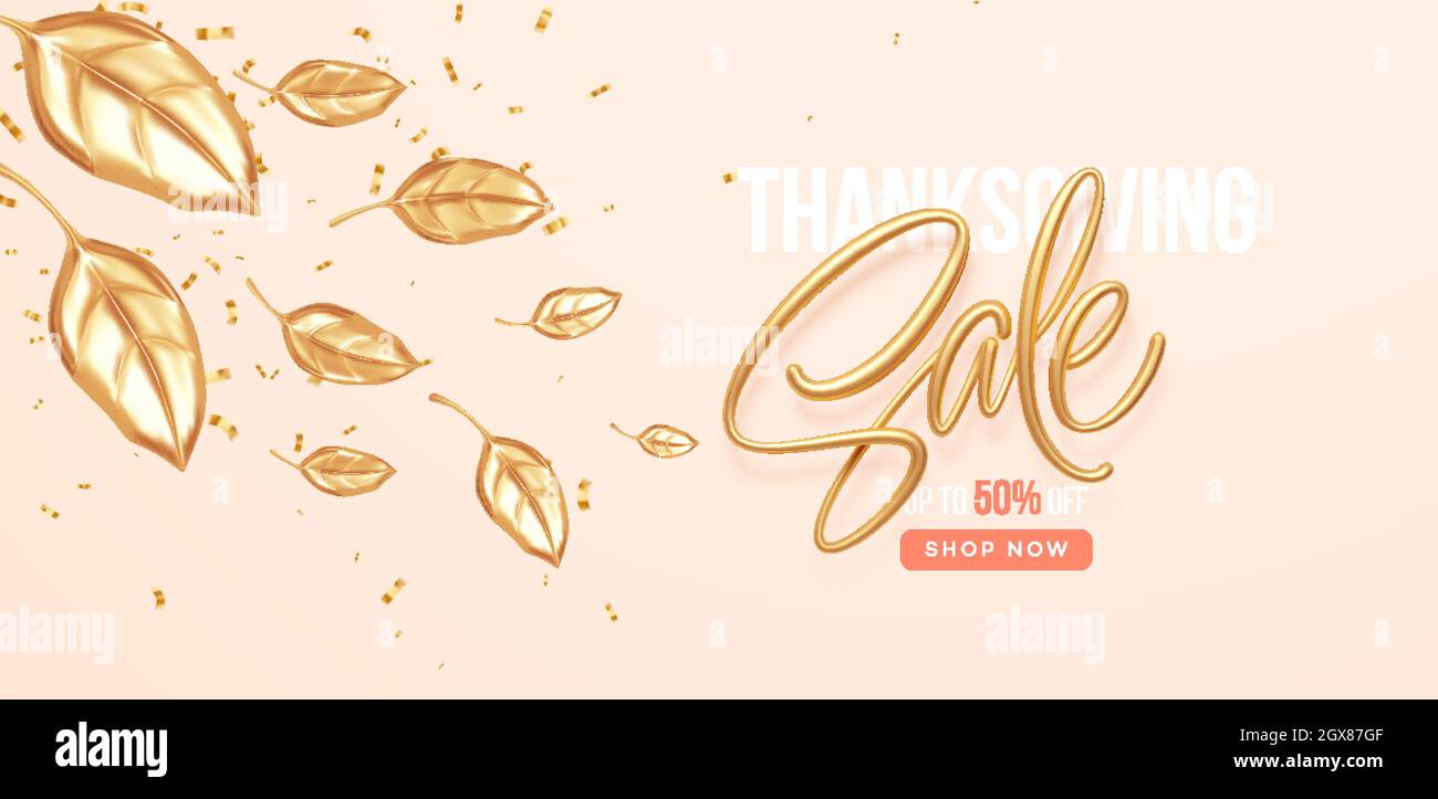 Thanksgiving or fall discount sale banner with falling gold leaves. Autumn sale backdrop with golden leaves. Vector illustration Stock Vector