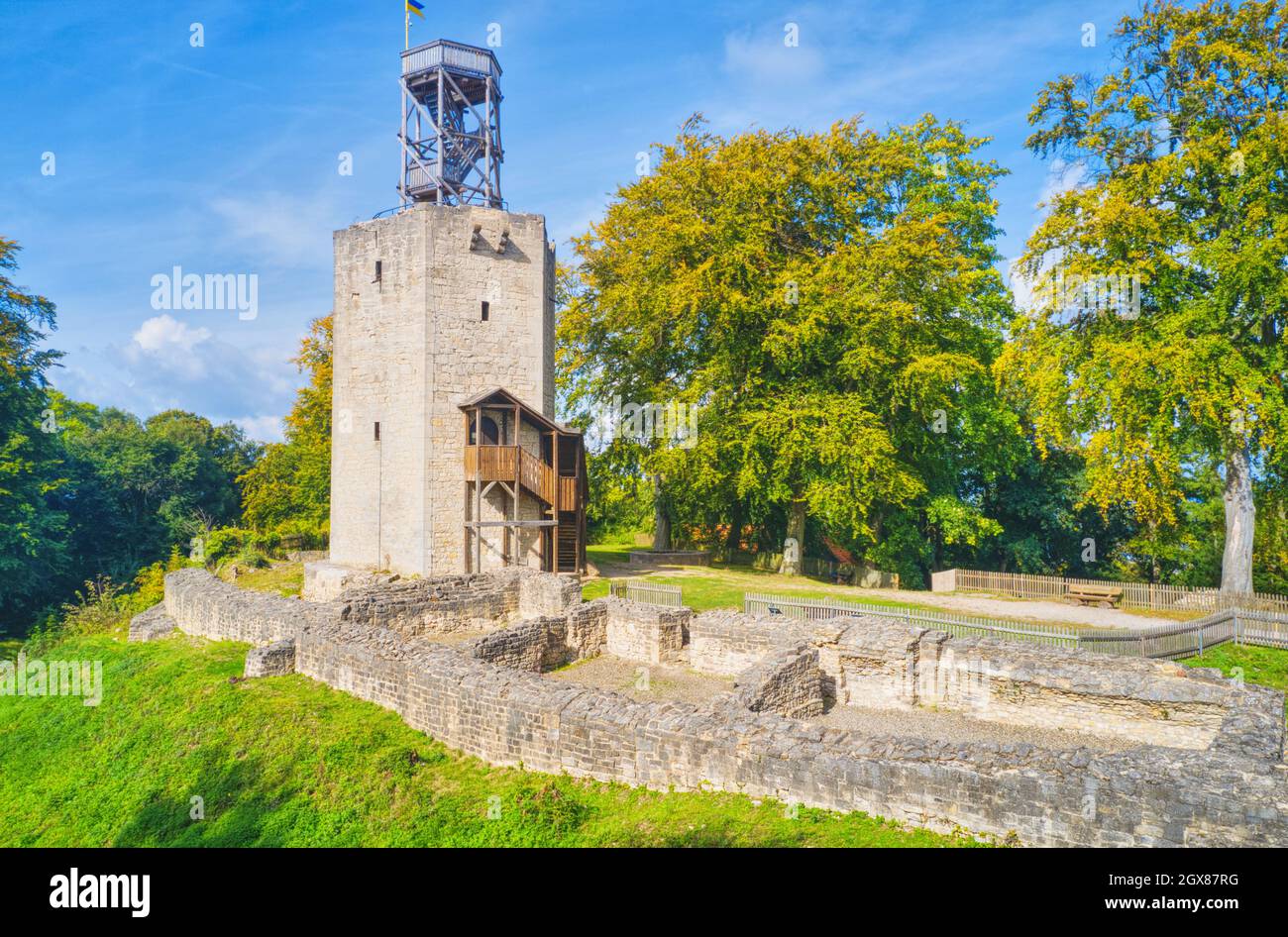 more than 1000 years old castle ruins with destroyed walls and a wooden viewing platform Stock Photo