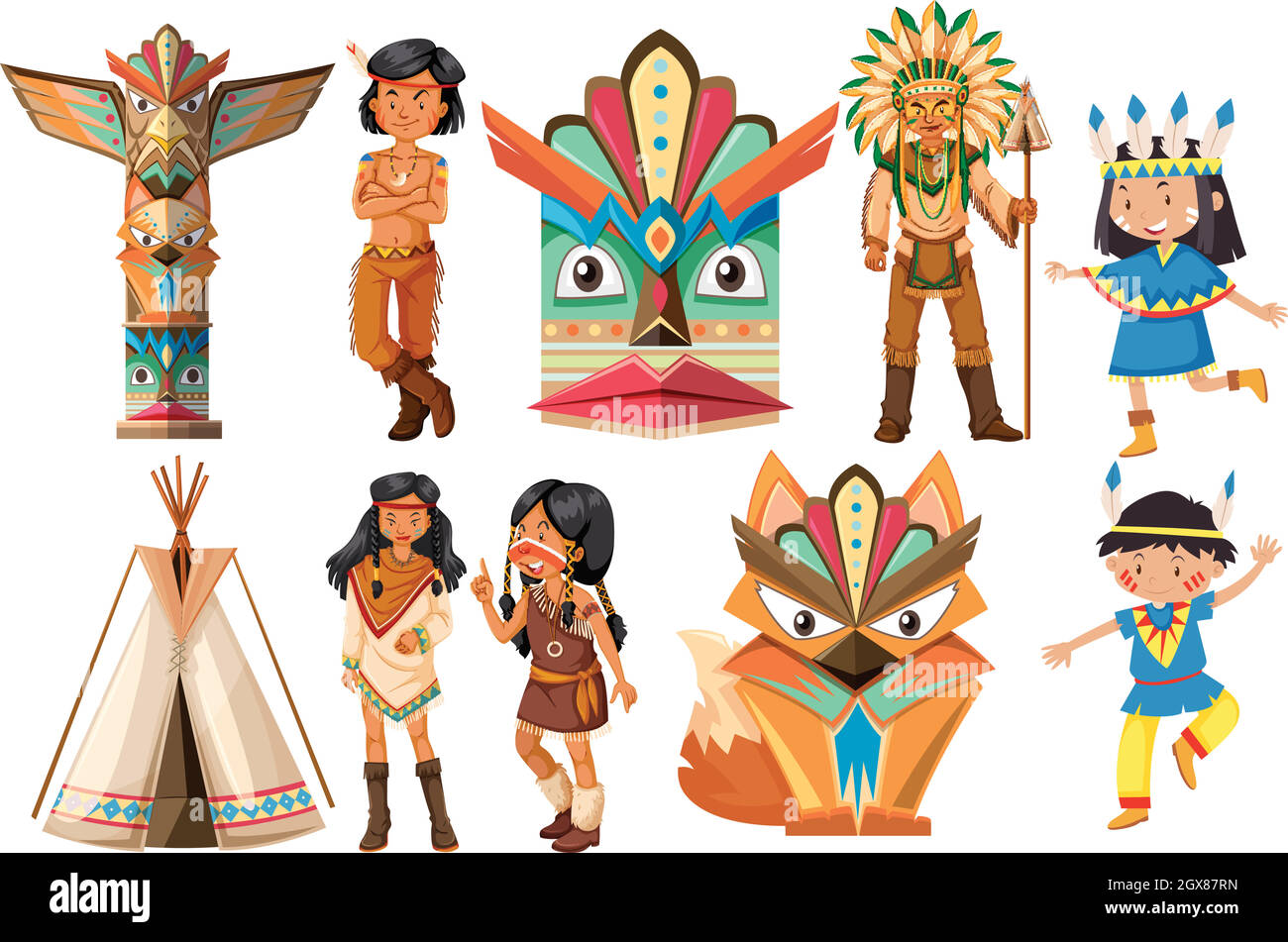 Native american indians and traditional items Stock Vector