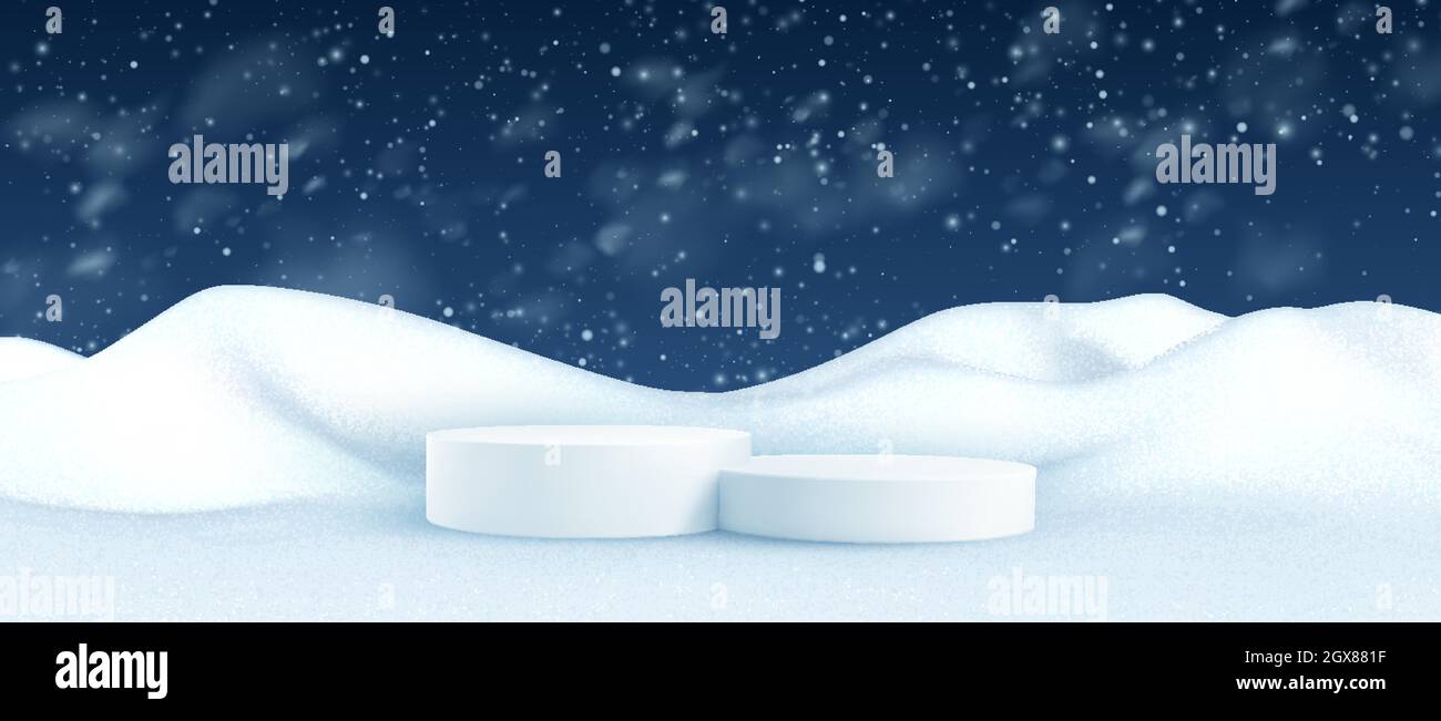 Winter landscape with snow drifts and product podium scene. 3D realistic snow background. Snow drifts isolated on transparent background. Vector Stock Vector