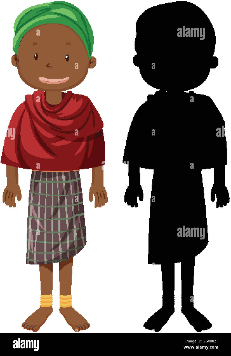 Set of people of African tribes character with its silhouette Stock Vector