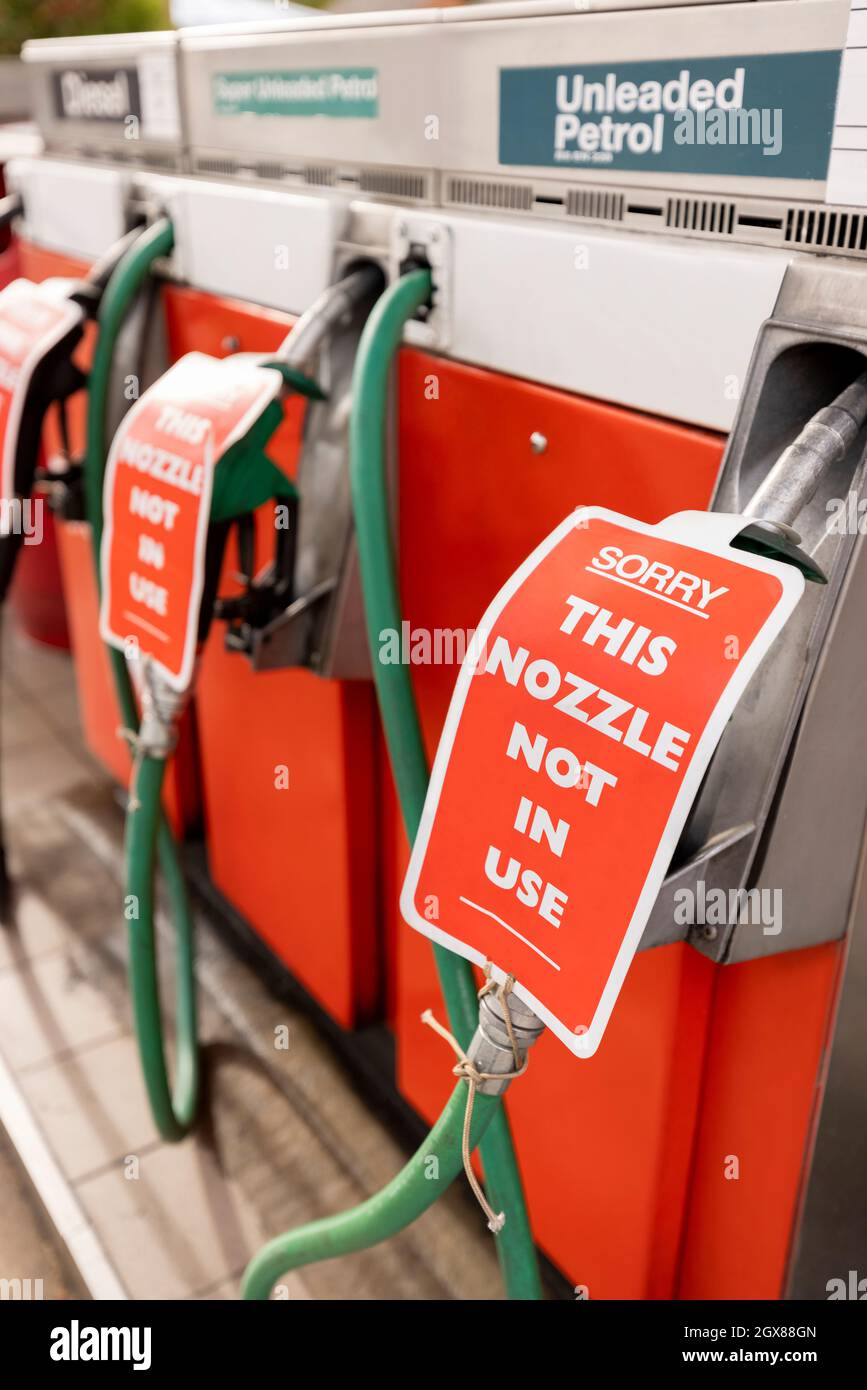Signs On Closed Gas Station Pumps During Fuel Shortage Stock Photo