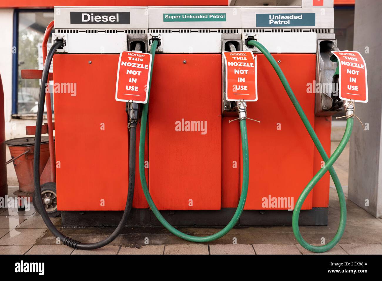 Signs On Closed Gas Station Pumps During Fuel Shortage Stock Photo