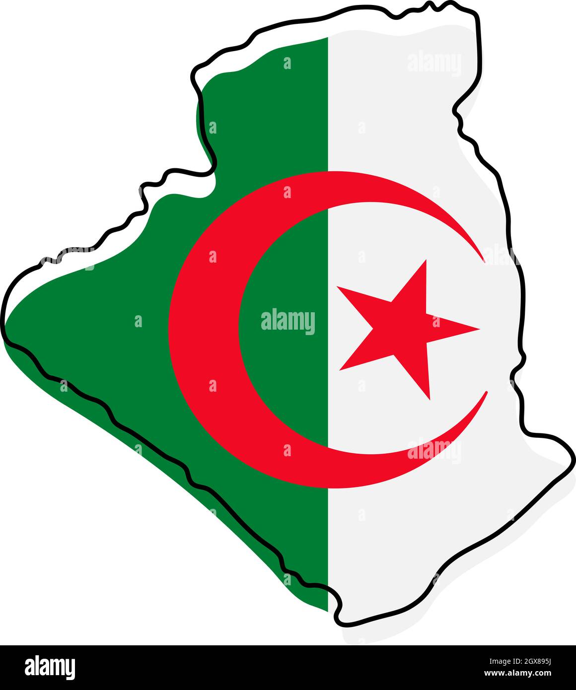 Stylized outline map of Algeria with national flag icon. Flag