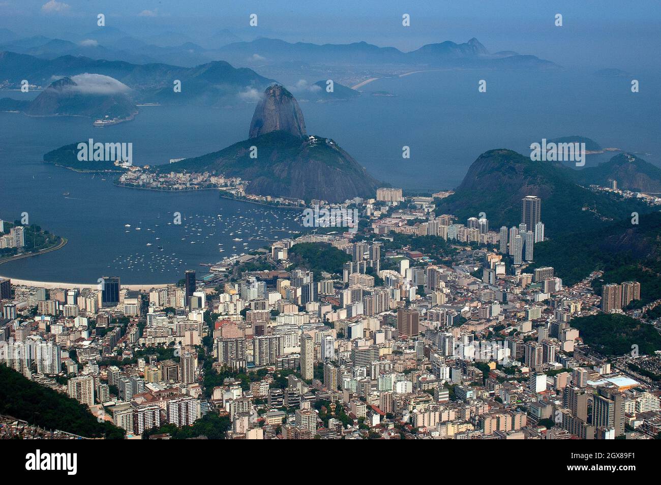 Aerial view of Rio de Janeiro, with Sugarloaf Mountain and Guanabara ...