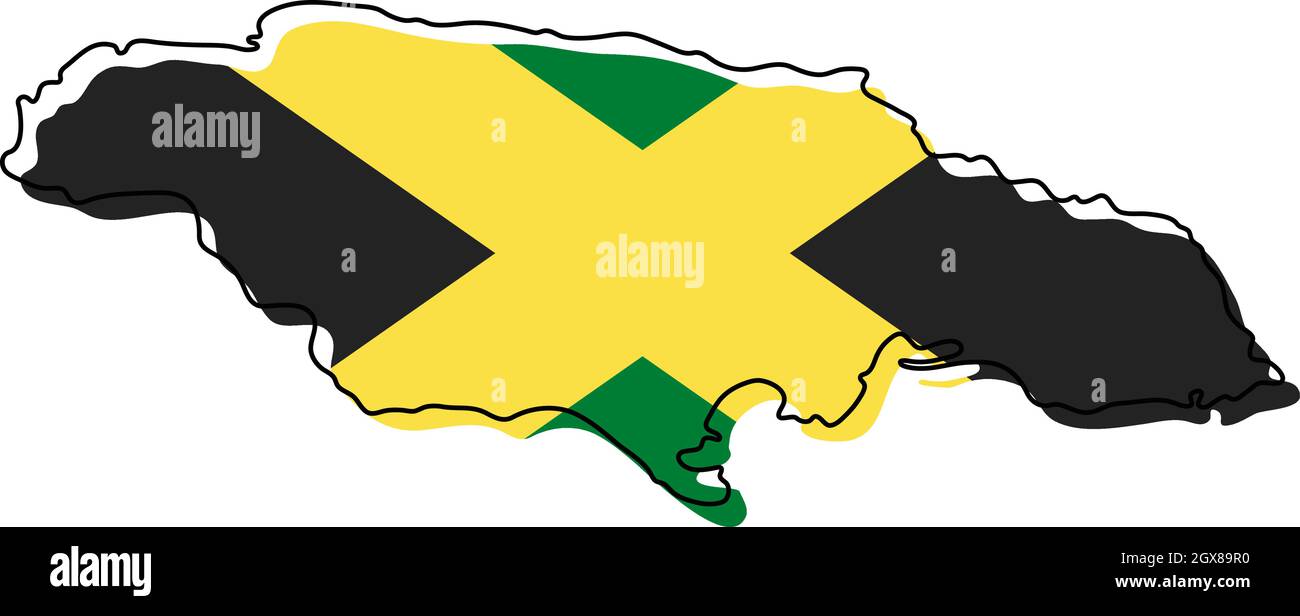 Stylized outline map of Jamaica with national flag icon. Flag color map of Jamaica vector ...