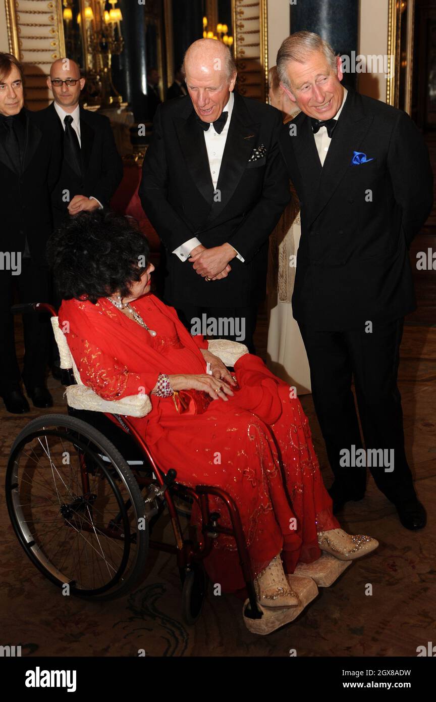 Prince Charles, Prince of Wales, Lord Rowe-Beddoe, President of the Royal Welsh College (R) and actress Dame Elizabeth Taylor, sitting in a wheelchair, chat together during a Royal Welsh College gala evening at Buckingham Palace in London, on April 29, 2010. Stock Photo