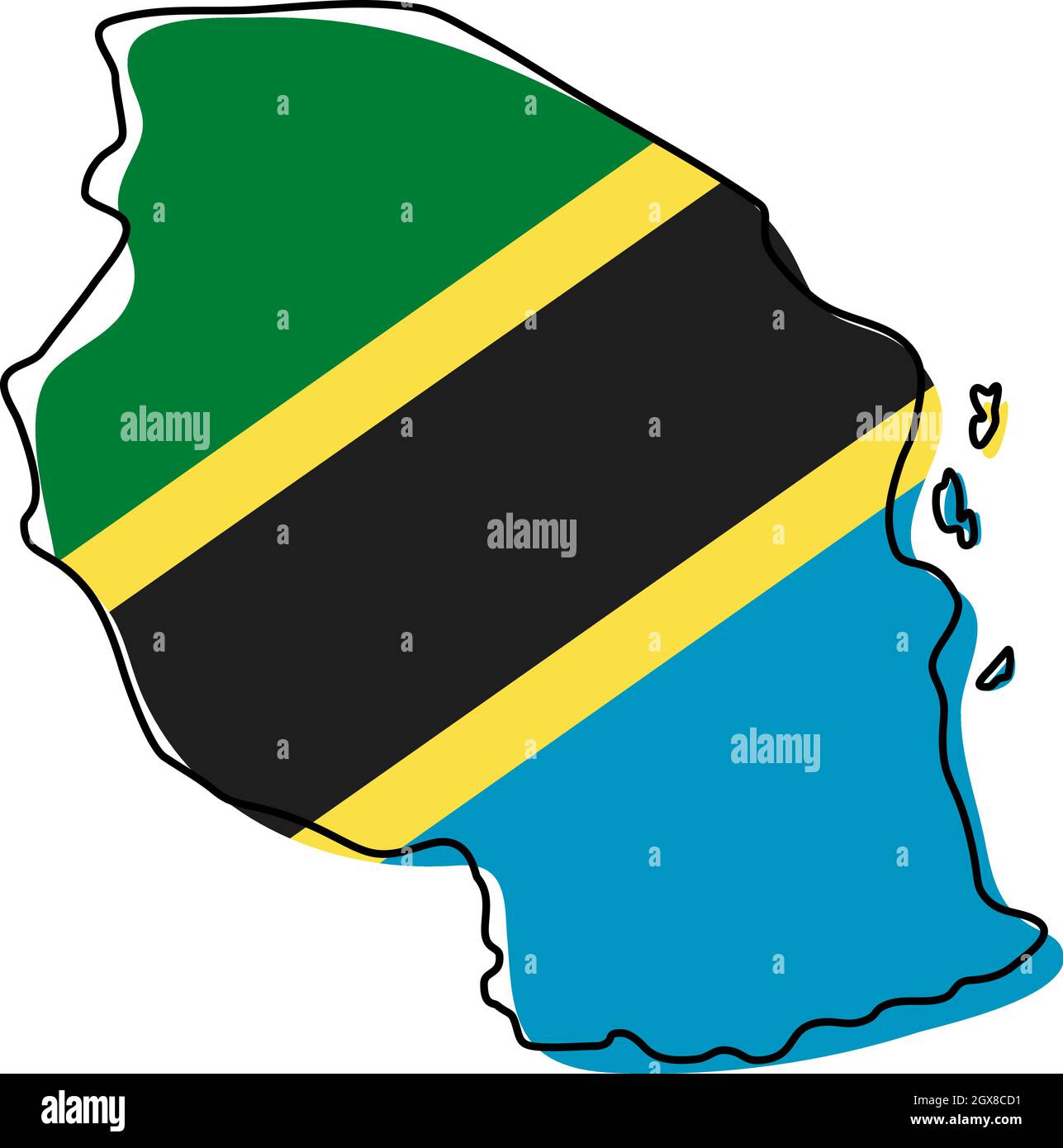 Stylized outline map of Tanzania with national flag icon. Flag color ...