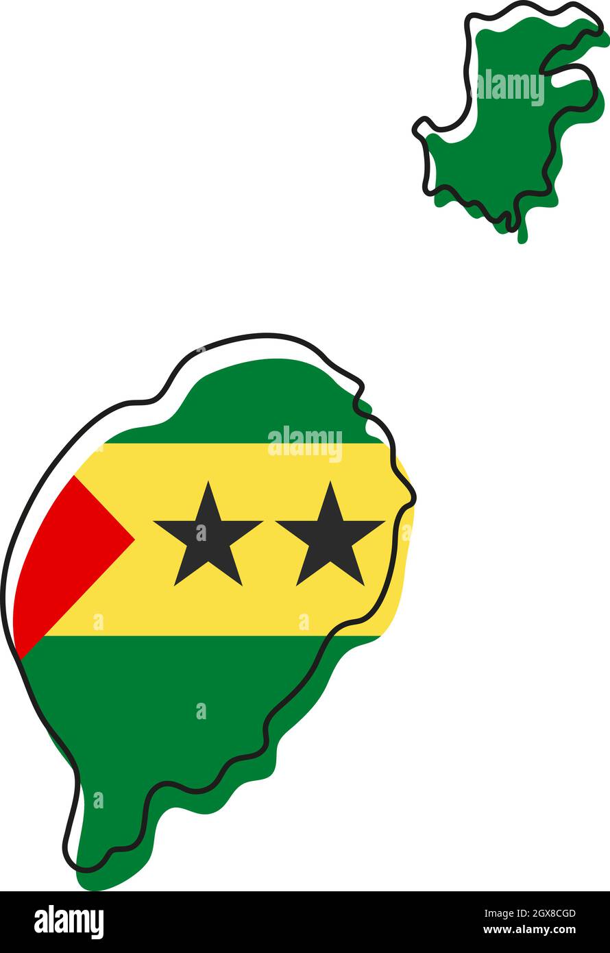 Stylized outline map of Sao Tome and Principe with national flag icon ...