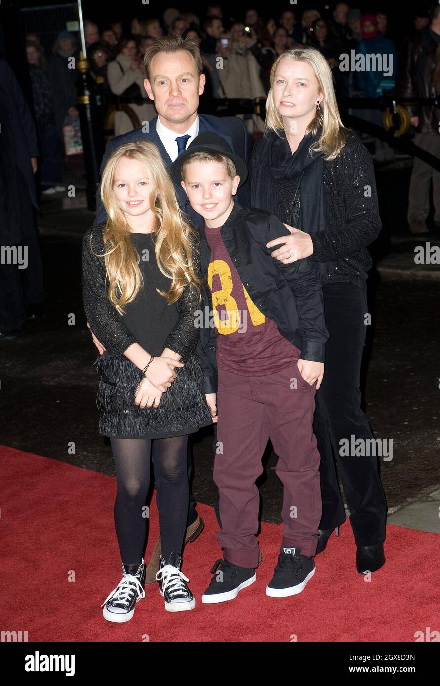 Jason Donovan with wife Angela Malloch and children arrive at the Royal Albert Hall in London to attend a concert in support of the Prince's Trust and The Foundation of Prince William and Prince Harry on December 6, 2011. Stock Photo