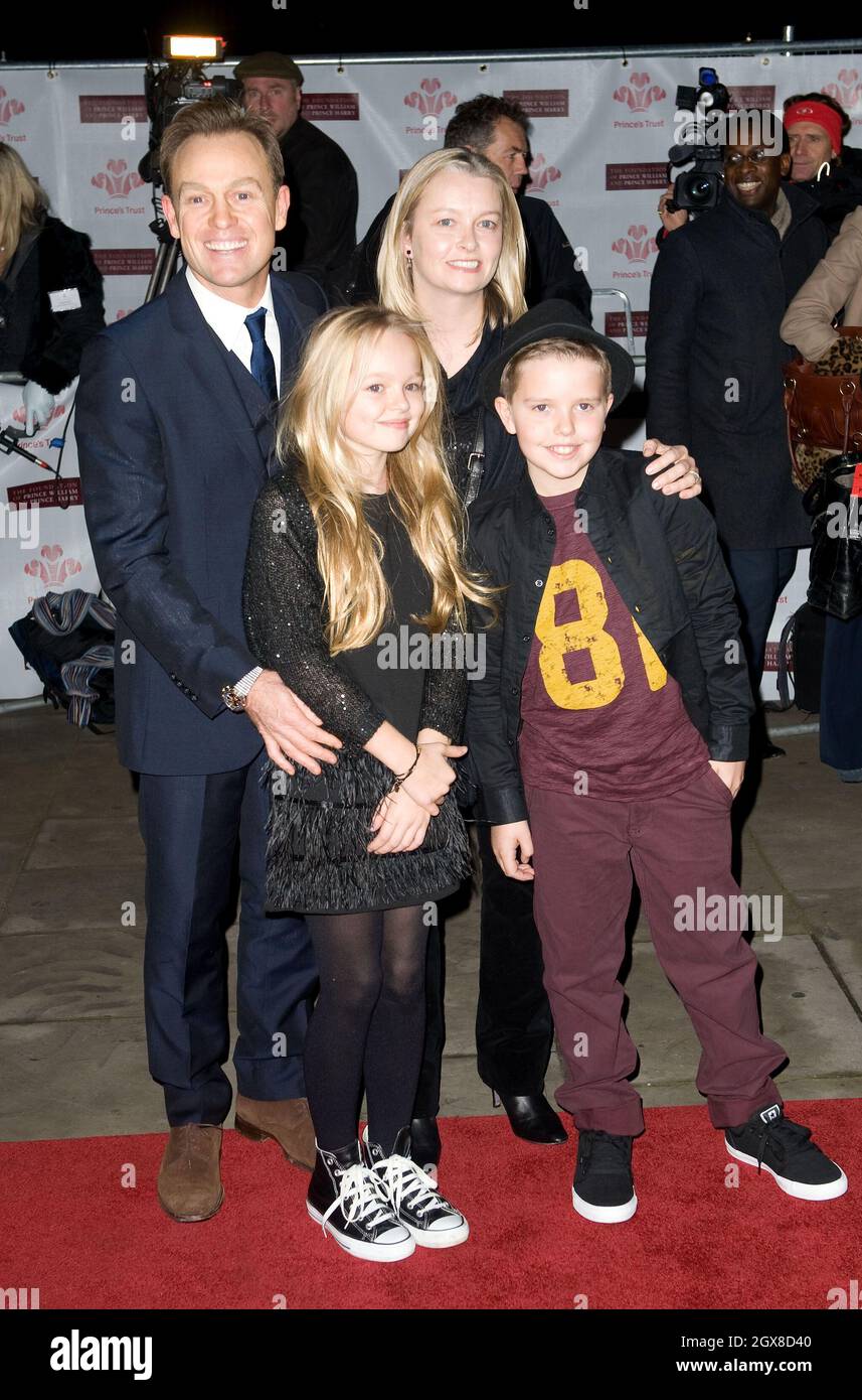 Jason Donovan with wife Angela Malloch and children arrive at the Royal Albert Hall in London to attend a concert in support of the Prince's Trust and The Foundation of Prince William and Prince Harry on December 6, 2011. Stock Photo