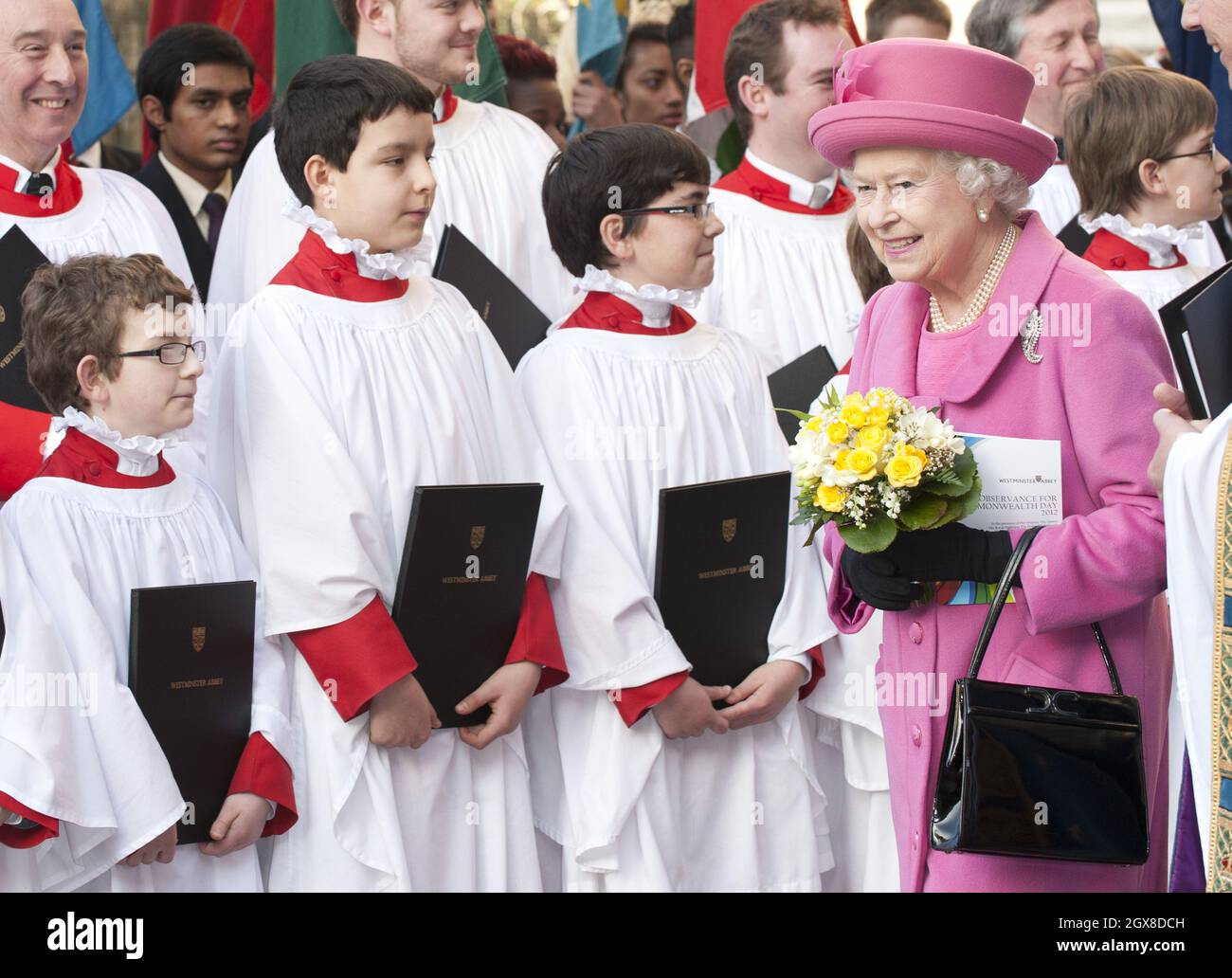 HM Queen Elizabeth ll leaving the Commonwealth Day Observance at Westminster Abbey, London. Stock Photo