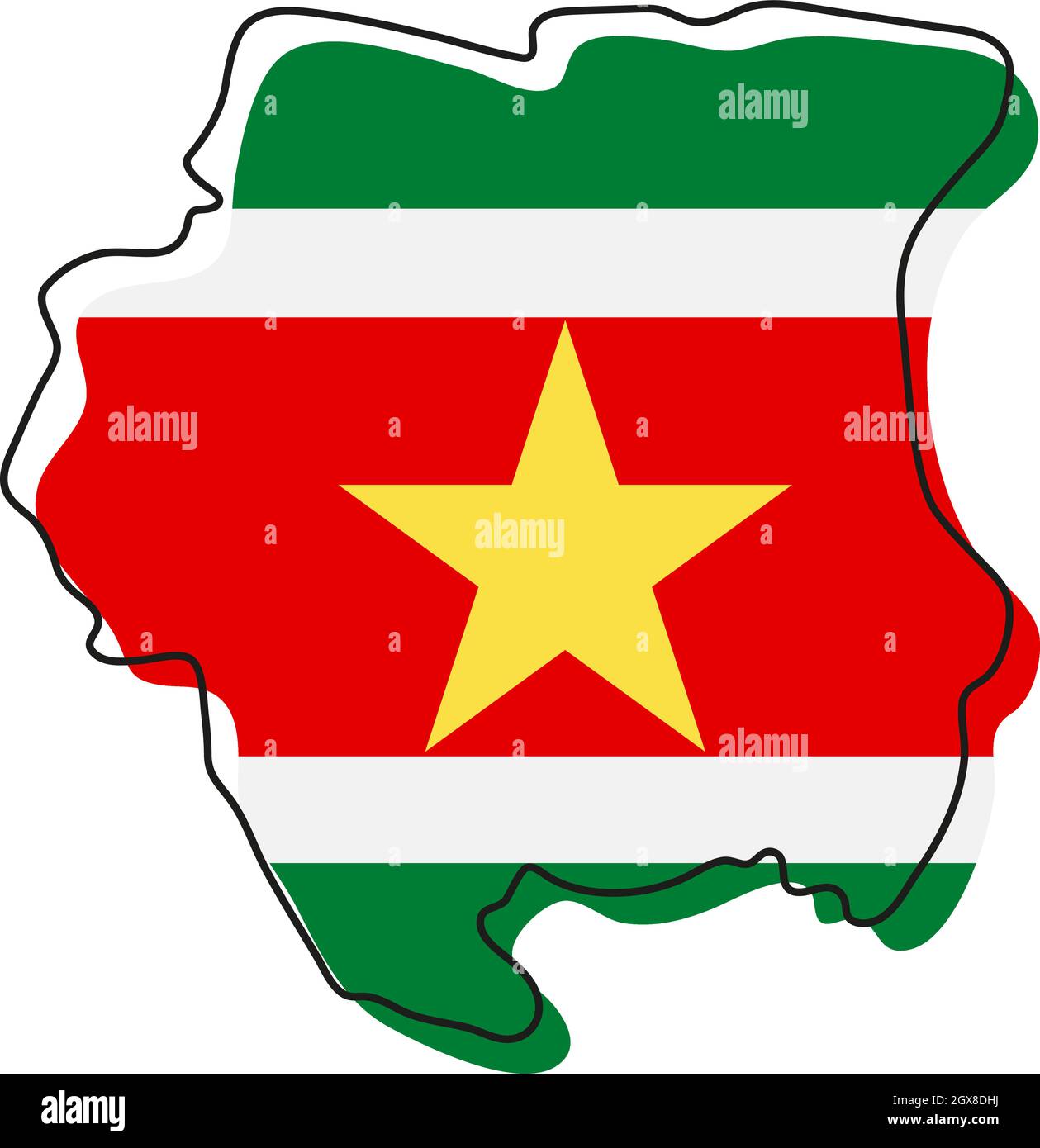 Stylized outline map of Suriname with national flag icon. Flag color ...