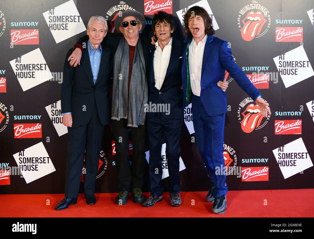 (L-R) Charlie Watts, Keith Richards, Ronnie Wood and Mick Jagger attend an exhibition to celebrate the 50th anniversary of The Rolling Stones at Somerset House on July 12, 2012. Stock Photo