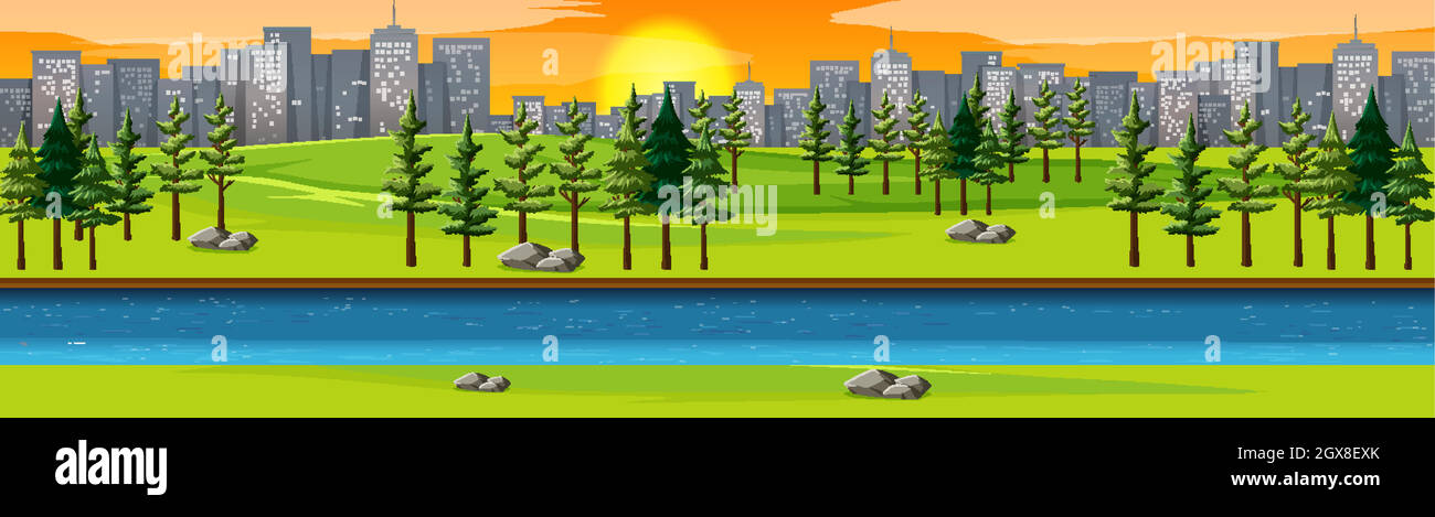 City nature park with river side landscape at sunset scene Stock Vector ...