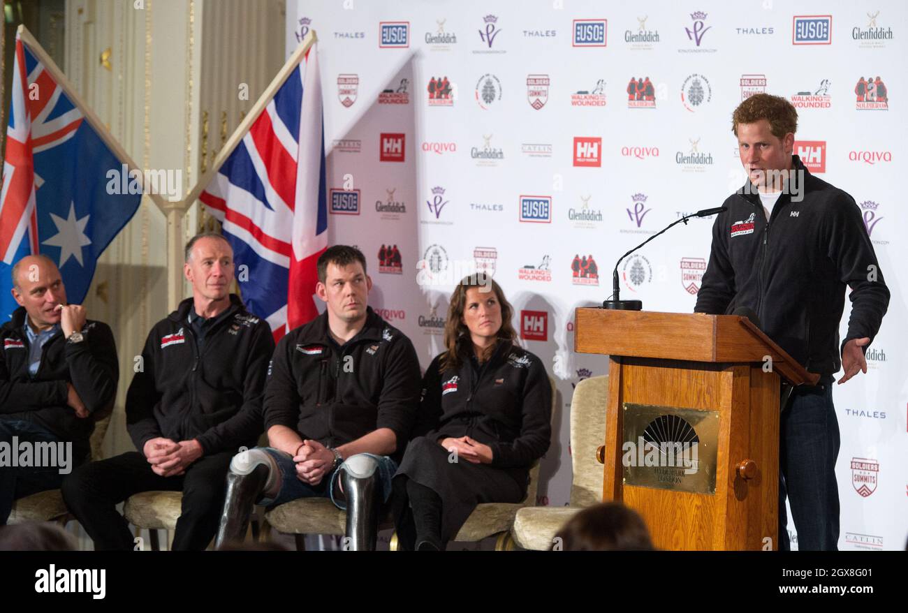 Prince Harry delivers a speech during the launch for Walking with the Wounded South Pole Allied Challenge at the Mandarin Oriental Hotel in London on April 19, 2013. Stock Photo