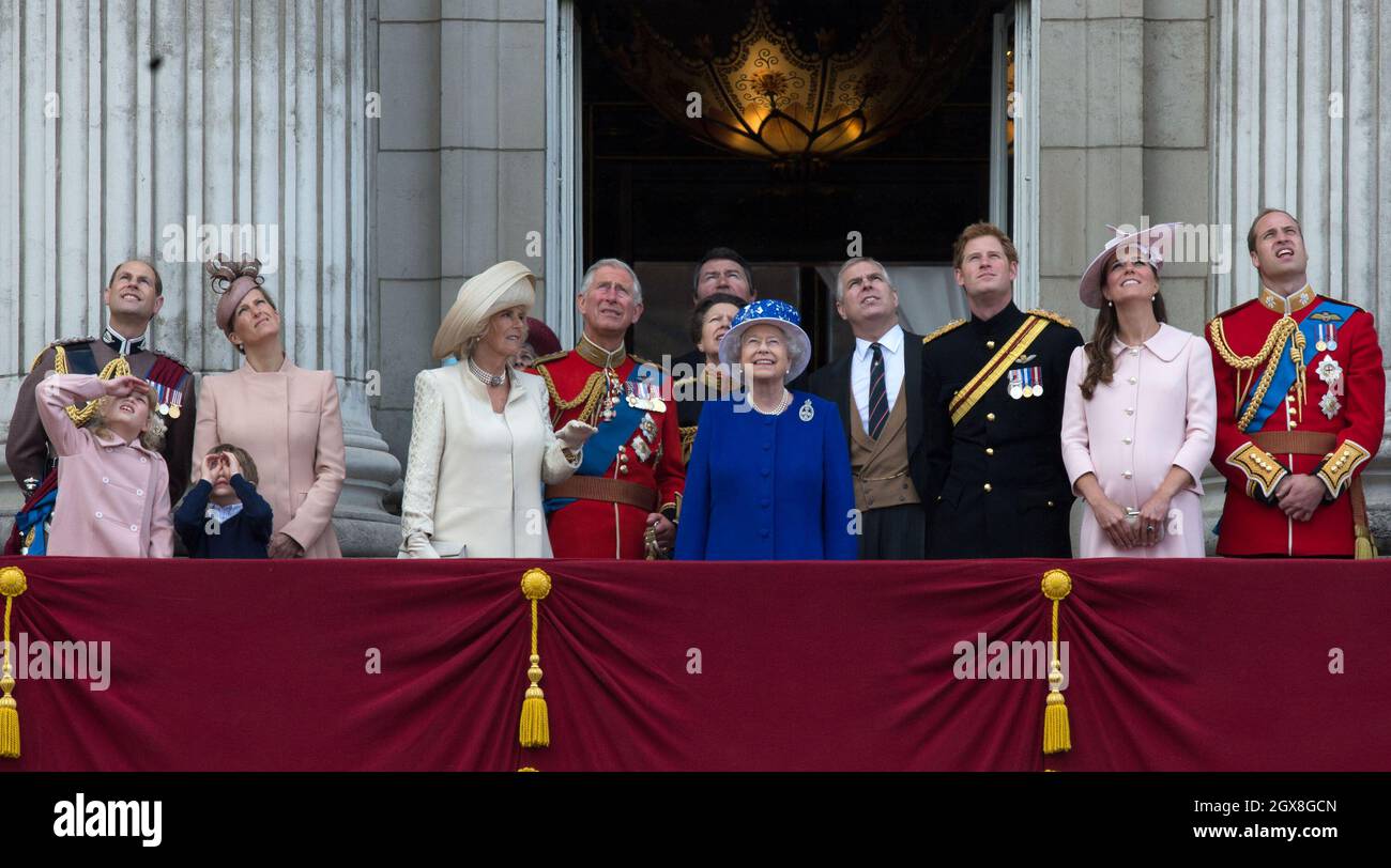 Prince Edward, Earl of Wessex, Lady Louise Windsor, James Viscount Severn, Sophie, Countess of Wessex, Camilla, Duchess of Cornwall, Prince Charles, Prince of Wales, Queen Elizabeth II, Prince Andrew, Duke of York, Prince Harry, Catherine, Duchess of Cambridge and Prince William, Duke of Cambridge stand on the balcony of Buckingham Palace following the annual Trooping The Colour Ceremony Stock Photo