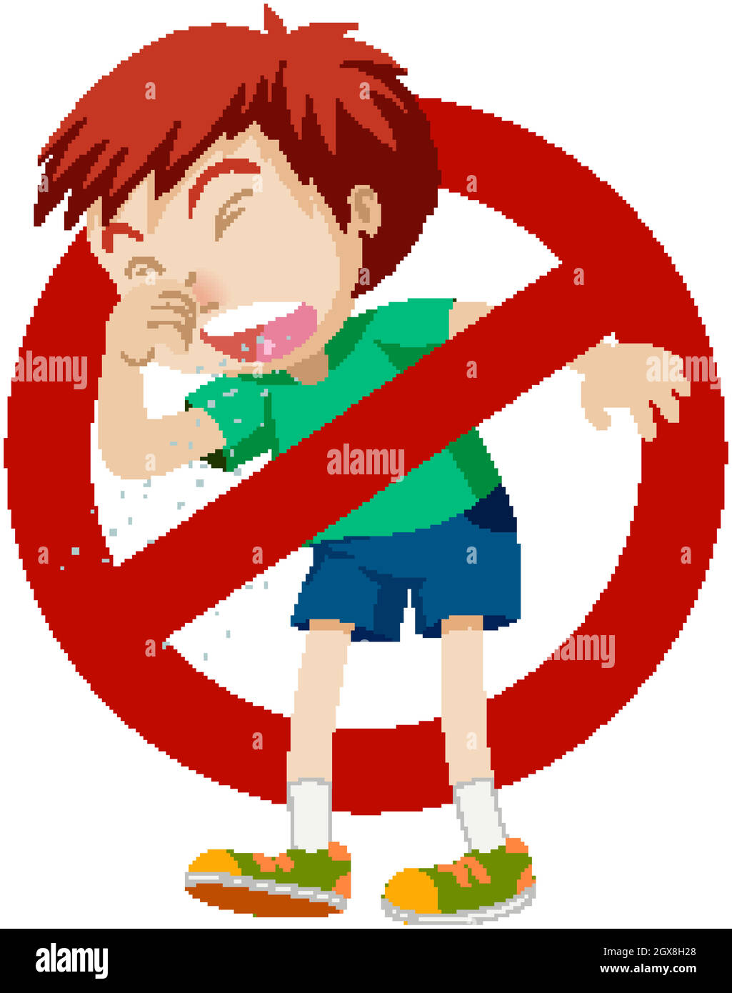 Coronavirus theme with boy coughing and stop sign Stock Vector