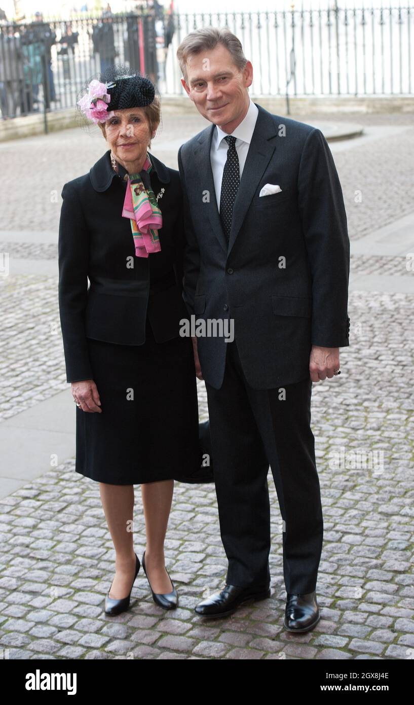 Anthony Andrews and wife Georgina attend a memorial service for Sir David Frost at Westminster Abbey on March 13, 2014. Stock Photo