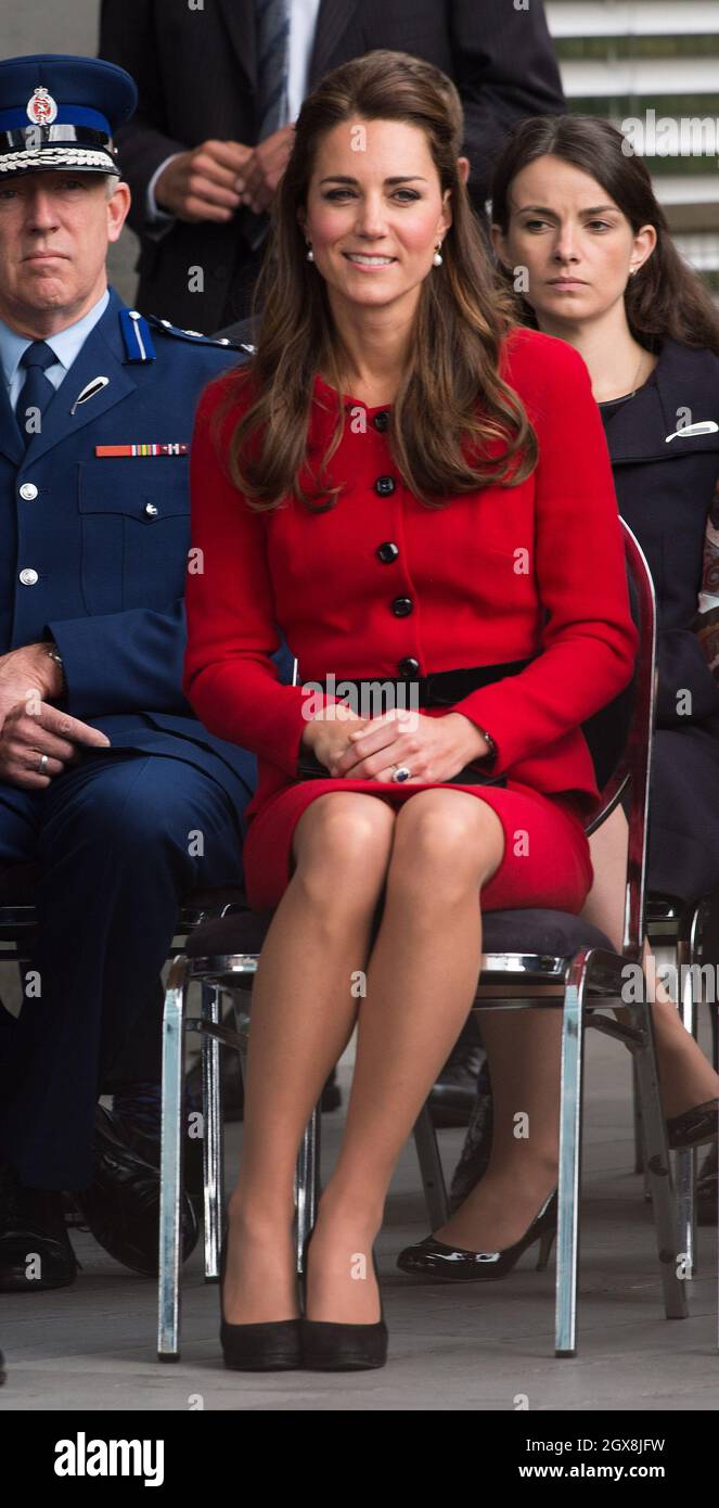 Catherine Duchess of Cambridge, wearing her red Luisa Spagnoli suit, visits the City Council Buildings in Christchurch, New Zealand on April 14, 2014.  Stock Photo