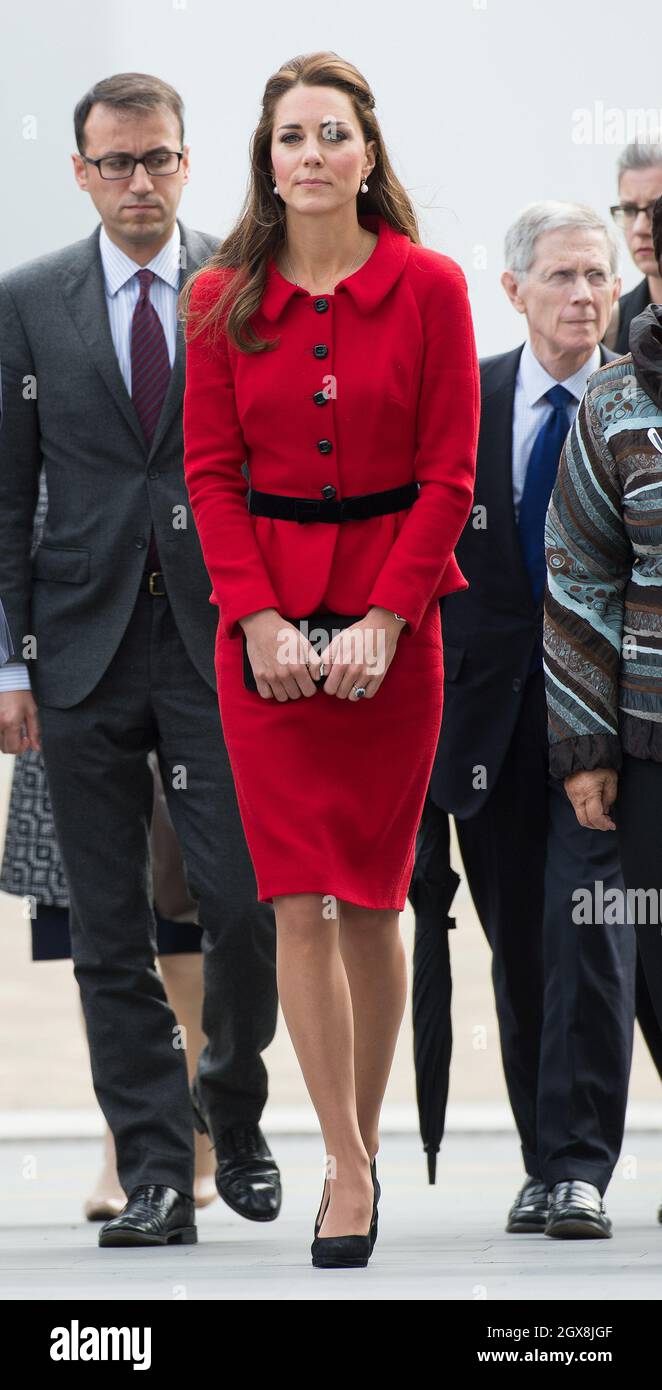 Catherine Duchess of Cambridge, wearing her red Luisa Spagnoli suit, visits the City Council Buildings in Christchurch, New Zealand on April 14, 2014.  Stock Photo