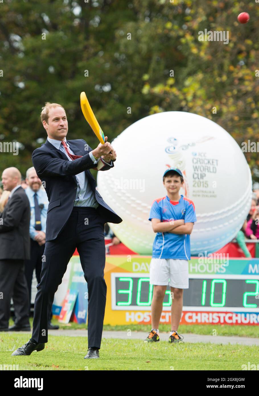 Prince William, Duke of Cambridge bats during a game of cricket in a 2015 Cricket World Cup event in Christchurch, New Zealand on April 14, 2014.  Stock Photo