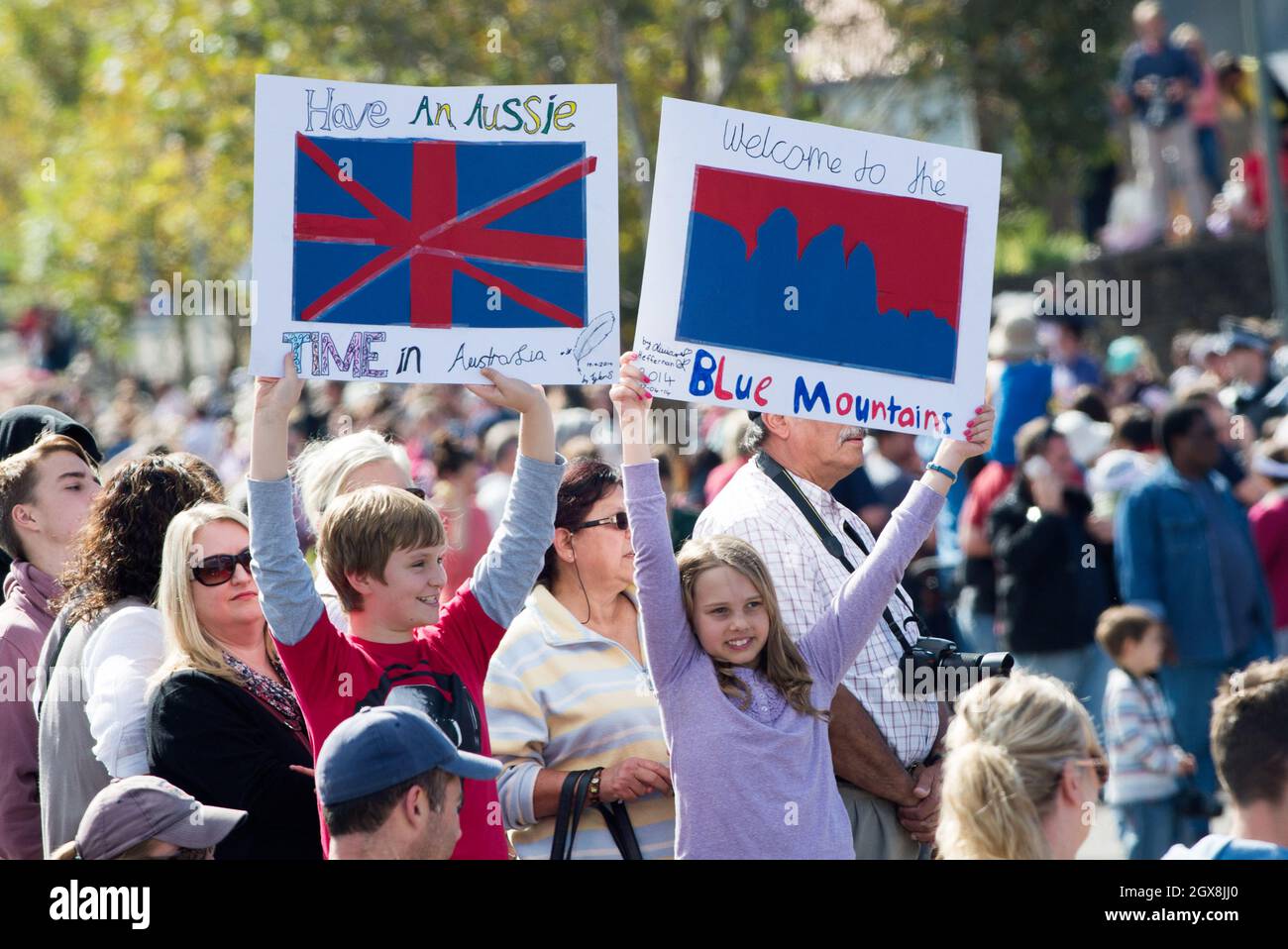 Well wishers wait for Catherine, Duchess of Cambridge and Prince William, Duke of Cambridge at Echo Point in the Blue Mountains of Australia on April17, 2014.  Stock Photo