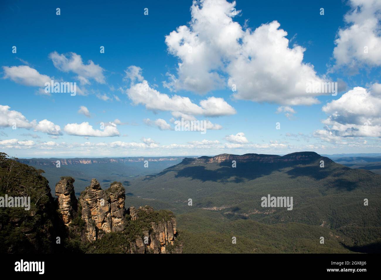 General view of 'The Three Sisters'  at Echo Point in the Blue Mountains of Australia where Catherine, Duchess of Cambridge and Prince William, Duke of Cambridge visit on April17, 2014.  Stock Photo