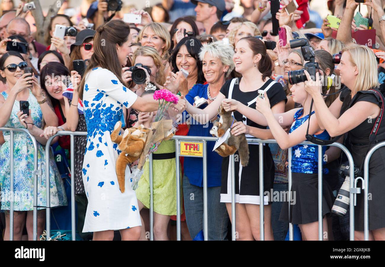 Catherine, Duchess of Cambridge greets well wishers during a walkabout in Brisbane, Australia. Stock Photo
