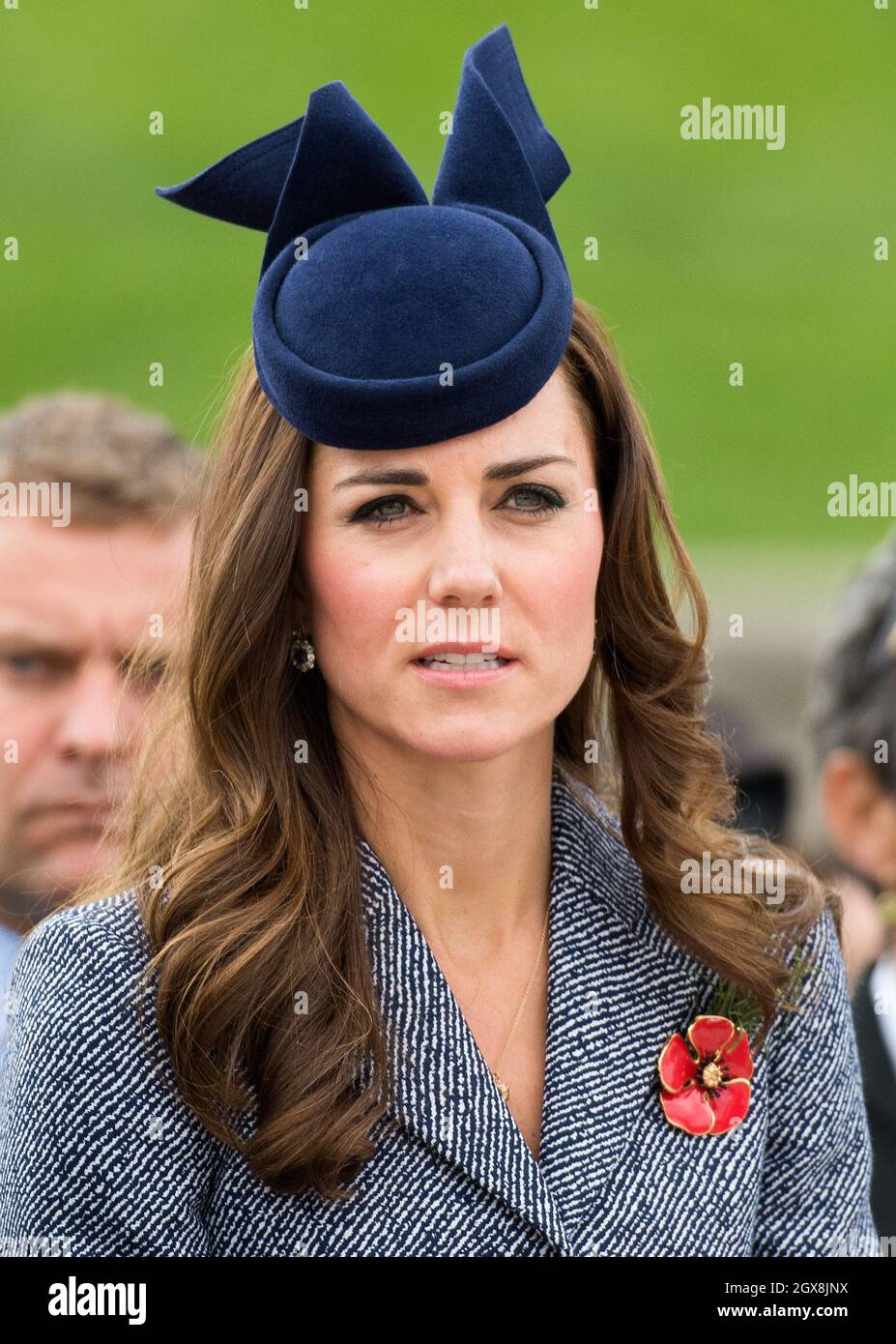Catherine, Duchess of Cambridge attends the ANZAK Day Service at the Australian War Memorial in Canberra, Australia on April 25, 2014. The Duchess is wearing a blue hat by Australian milliner Jonathan Howard Stock Photo