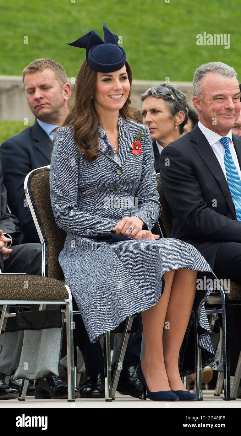 Catherine, Duchess of Cambridge attends the ANZAK Day Service at the Australian War Memorial in Canberra, Australia on April 25, 2014. The Duchess is wearing a blue hat by Australian milliner Jonathan Howard Stock Photo