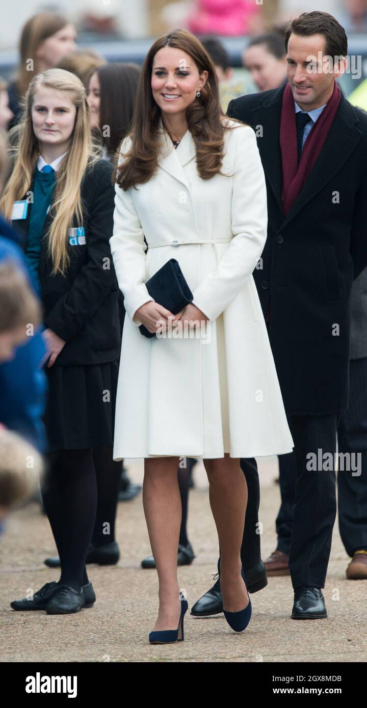 Catherine, Duchess of Cambridge, wearing a Max Mara Villar belted wool coat, visits the new home of Ben Ainslie Racing and the 1851 Trust  in Portsmouth on February 12, 2015. Stock Photo