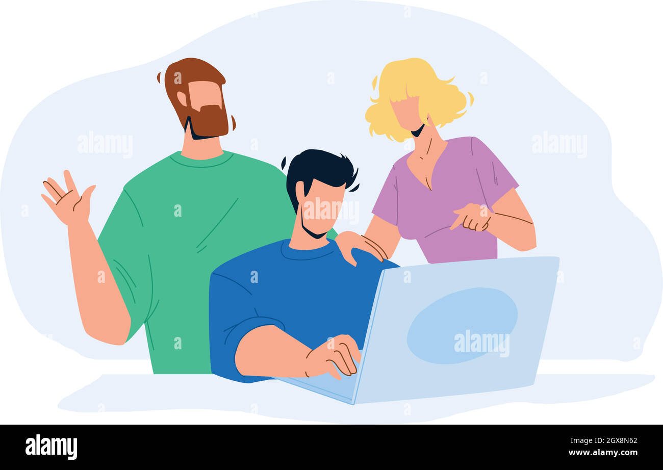 Working Together At Laptop Colleagues Team Vector Stock Vector