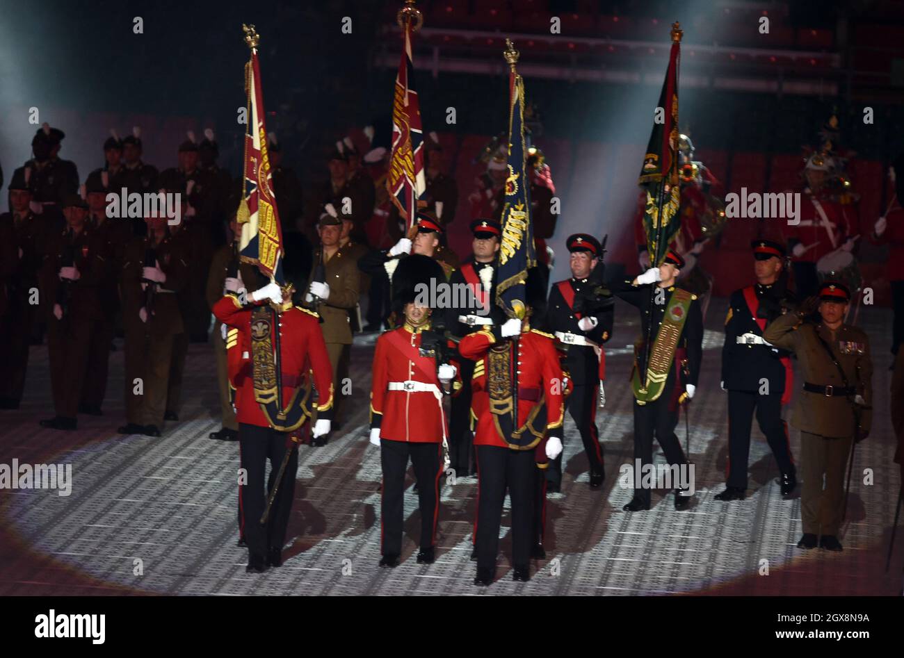 Queen Elizabeth attends a ceremony to present new colours to the Royal Welsh Regiment at the Millennium Stadium in Cardiff on June 11, 2015.  Stock Photo