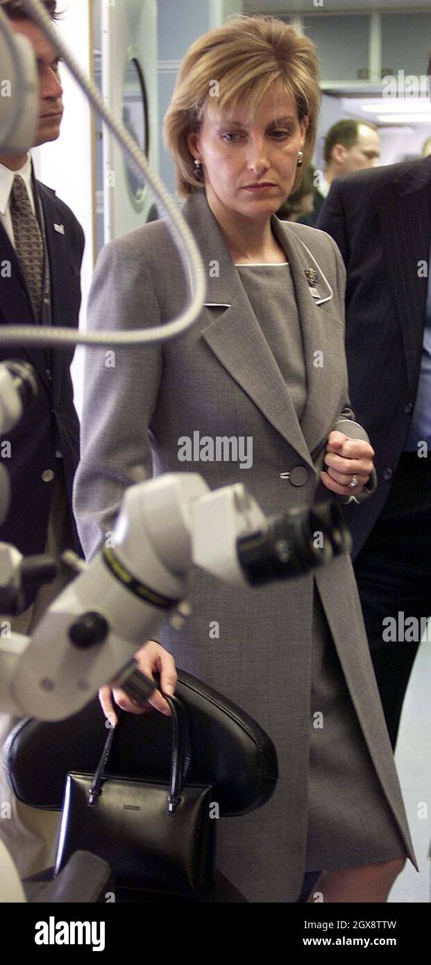 The Countess of Wessex during her visit to the Orbis DC-10 hospital plane at Stansted Airport in Essex, Friday April 4, 2003, where she boarded the flying eye hospital for the launch of her new role as patron of Vision 2020: The Right to Sight. Half length,  royals, grey dress  Â©Anwar Hussein/allaction.co.uk  Stock Photo