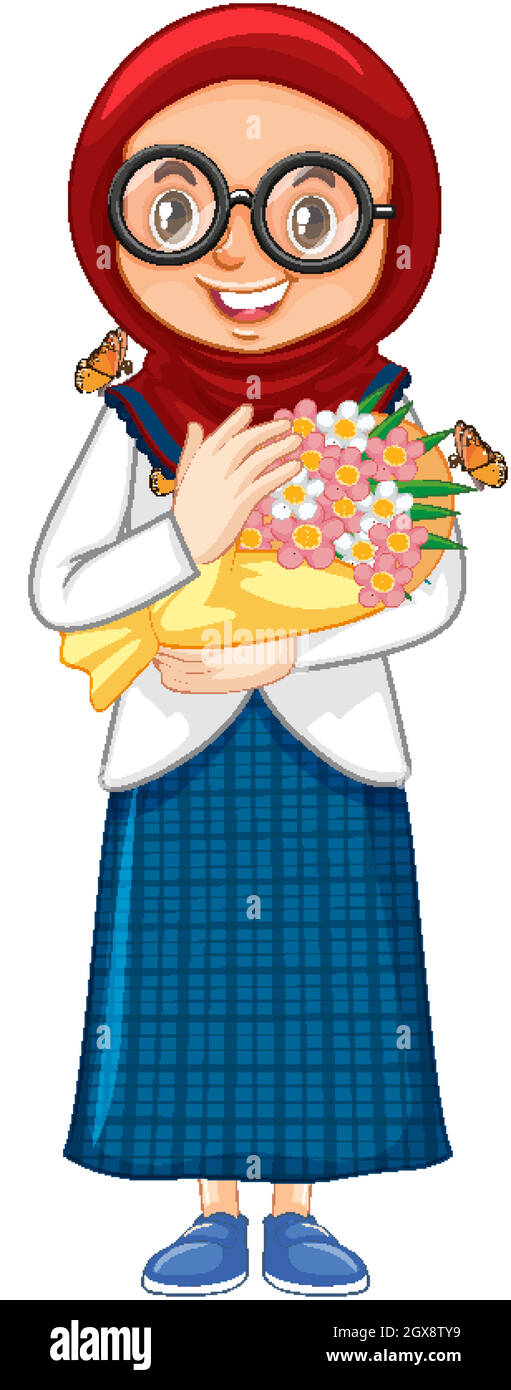 Muslim girl with beautiful flowers on white background Stock Vector