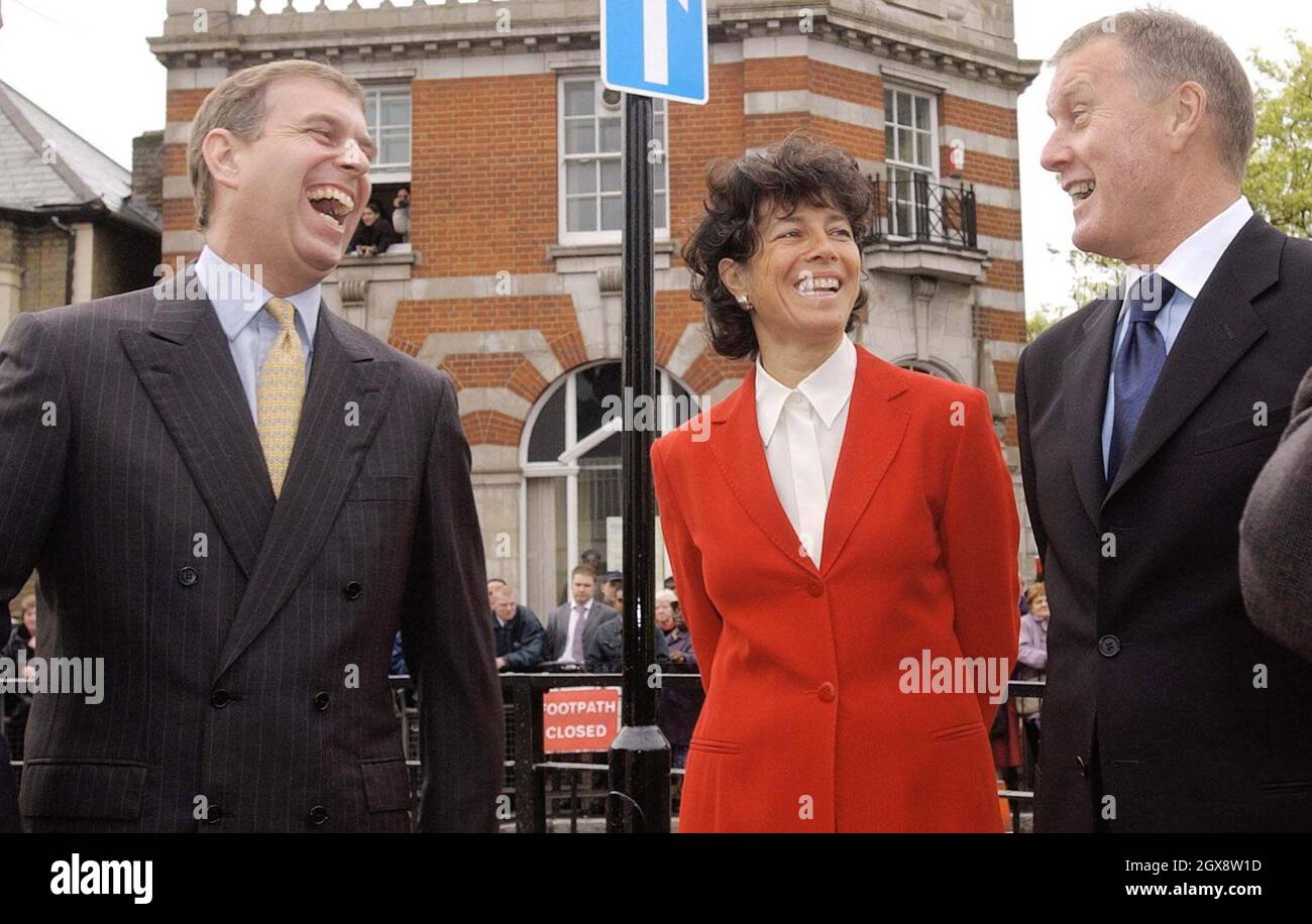 The Duke of York (left) talks to former England footballer and member of the 1966 World Cup winning team Sir Geoff Hurst MBE, and Stephanie Moore, widow of England Captain Bobby Moore outside West Ham's Upton Park ground in east London. Half length, suit, royals, Andrew  Â©Anwar Hussein/allaction.co.uk  Stock Photo