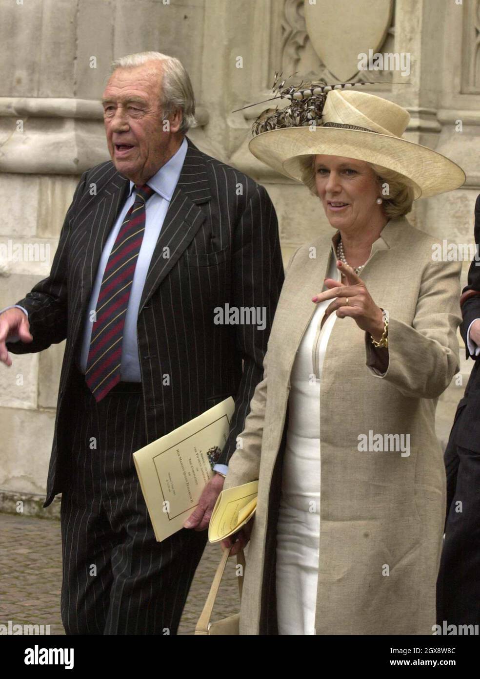 Camilla Parker Bowles and her father Bruce Shand at Westminster Abbey to mark the 50th Anniversary of the Coronation. Royals, half length, hat  Stock Photo