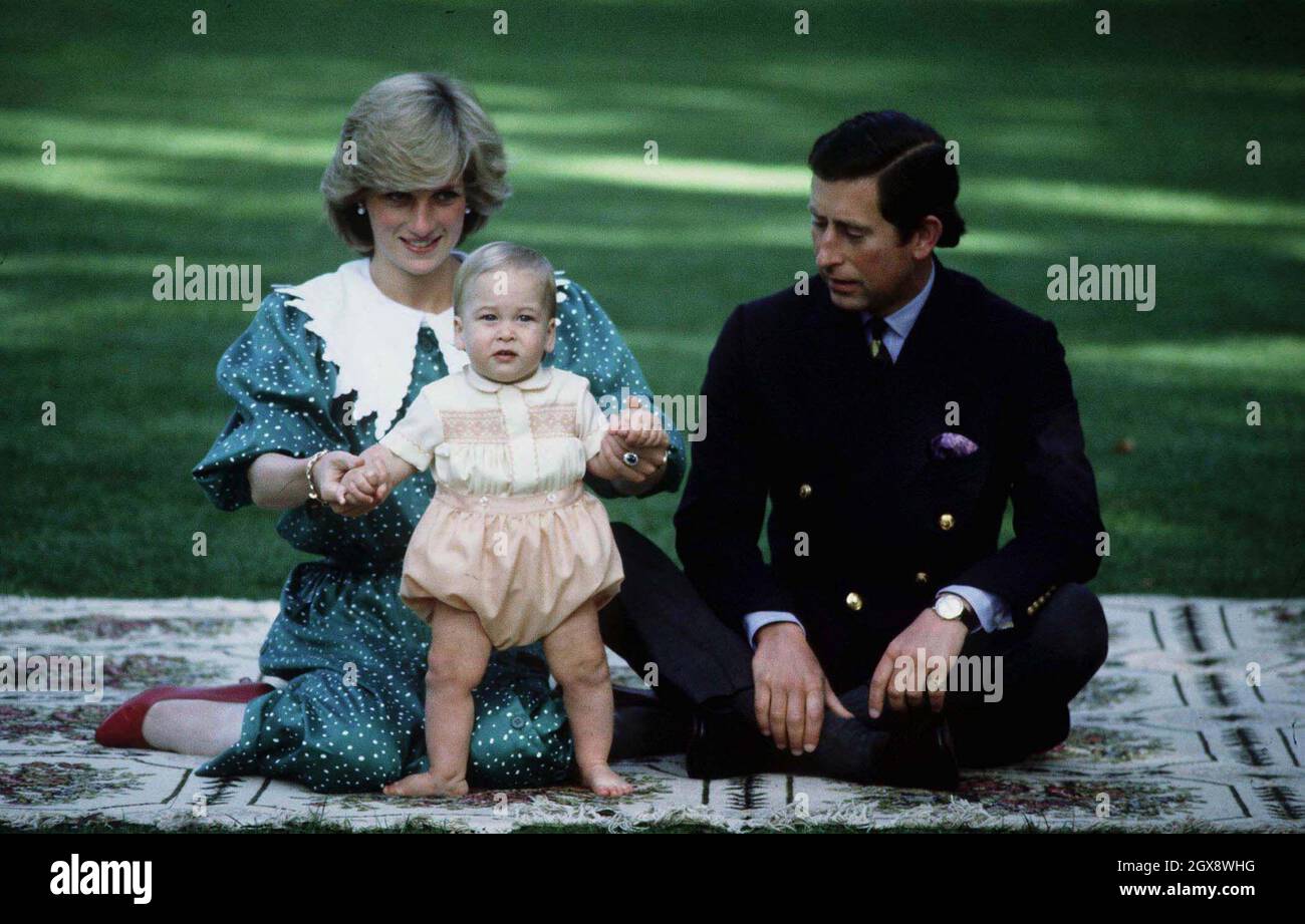 Diana, Princess of Wales with the Prince of Wales and baby Prince William in Auckland, New Zealand in April 1983.  Photo. Anwar Hussein  Stock Photo