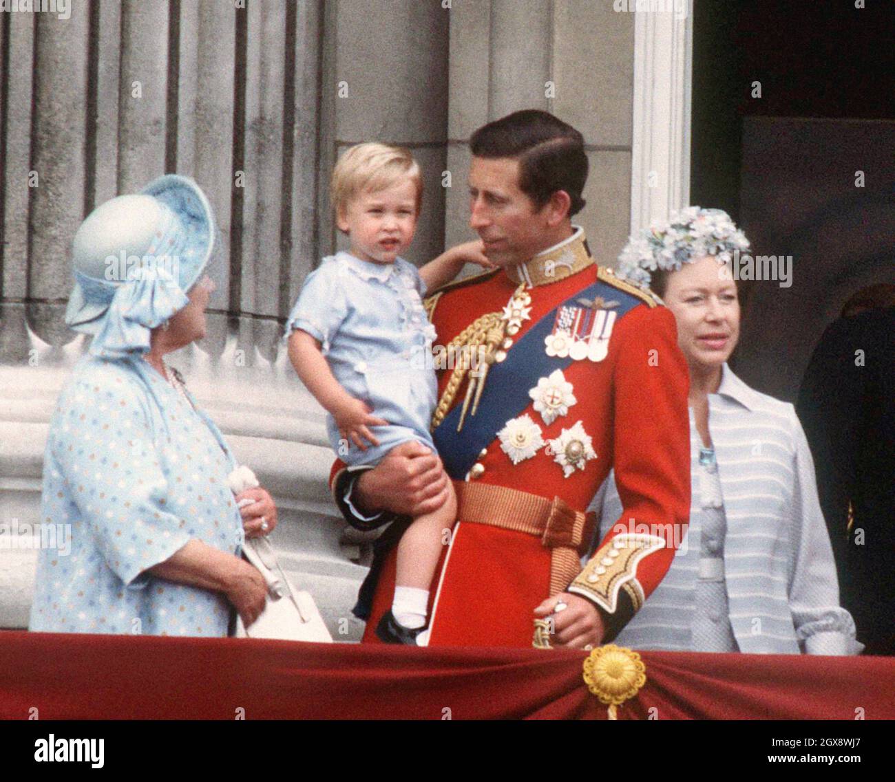 The Queen Mother, the Prince of Wales, a young Prince William and Princess Margaret at Buckingham Palace, London for Trooping the Colour in June 1984.    Photo.  Anwar Hussein Stock Photo