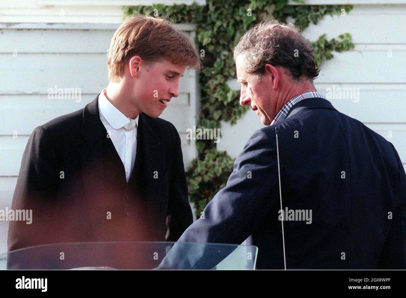 The Prince of Wales and Prince William, dressed in his Eton clothes, at Great Windsow park in 1998.  Photo.  Anwar Hussein  Stock Photo