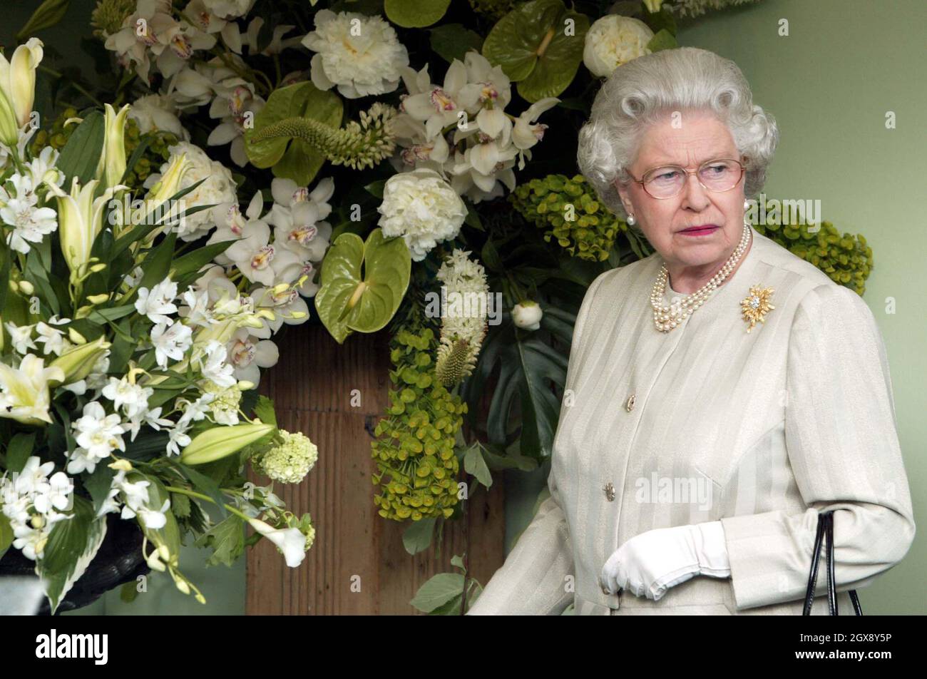 The Queen examines exhibits during her visit to the Royal Horticultural Society's Chelsea Flower Show in London. Half length, Royals  Â©Anwar Hussein/allaction.co.uk  Stock Photo