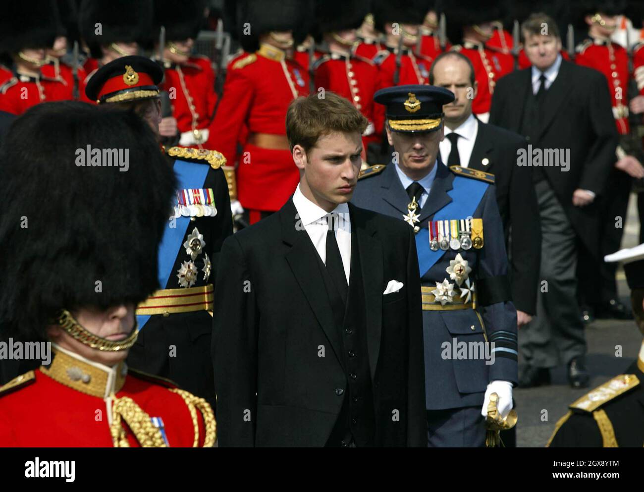 The Royal Family, Prince William attending the funeral procession for the Queen Mother in Westminster, London.         Stock Photo